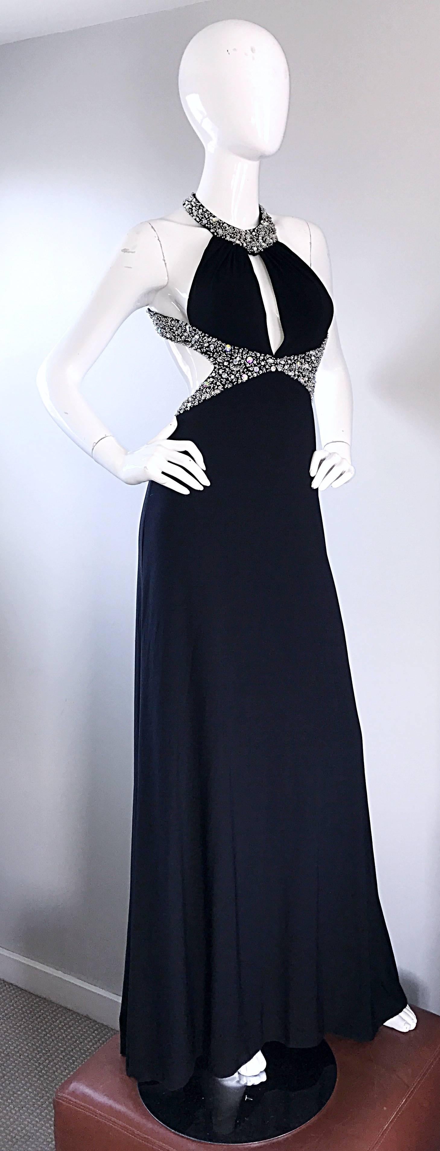 1990s Sexy Custom Made Black Jersey Crystal Beaded Cut Out Vintage Evening Gown For Sale 4