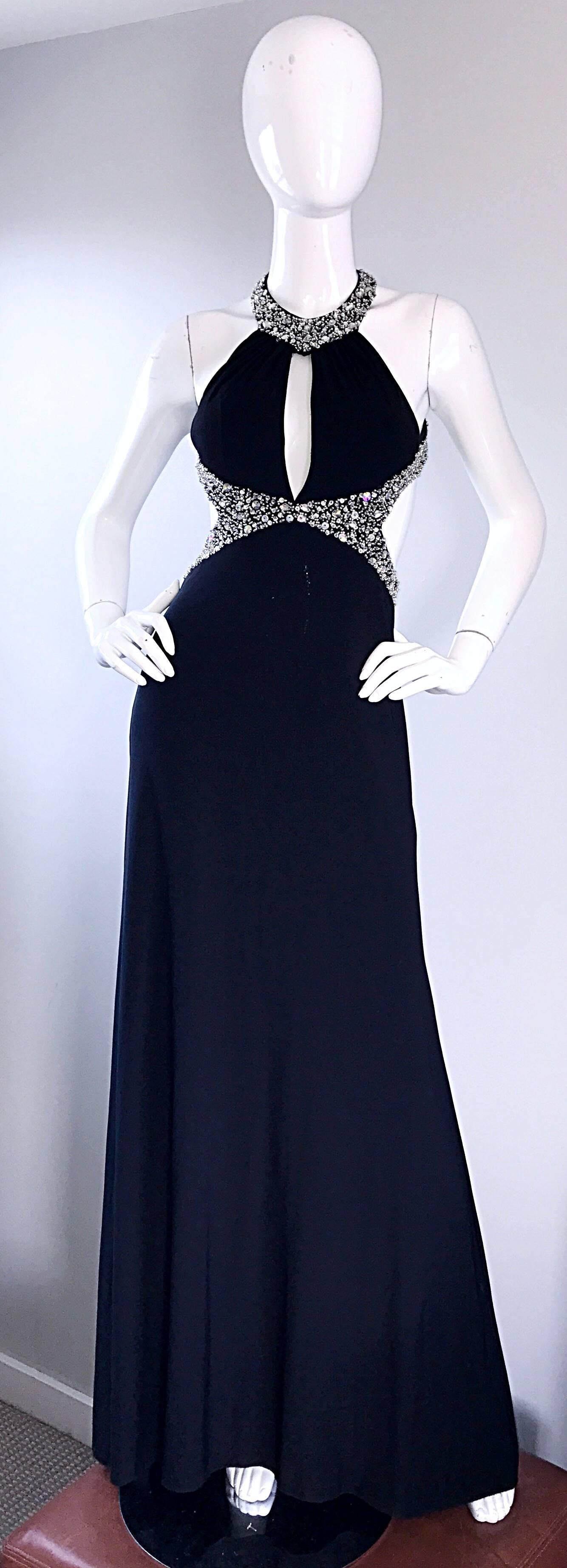 1990s Sexy Custom Made Black Jersey Crystal Beaded Cut Out Vintage Evening Gown For Sale 5