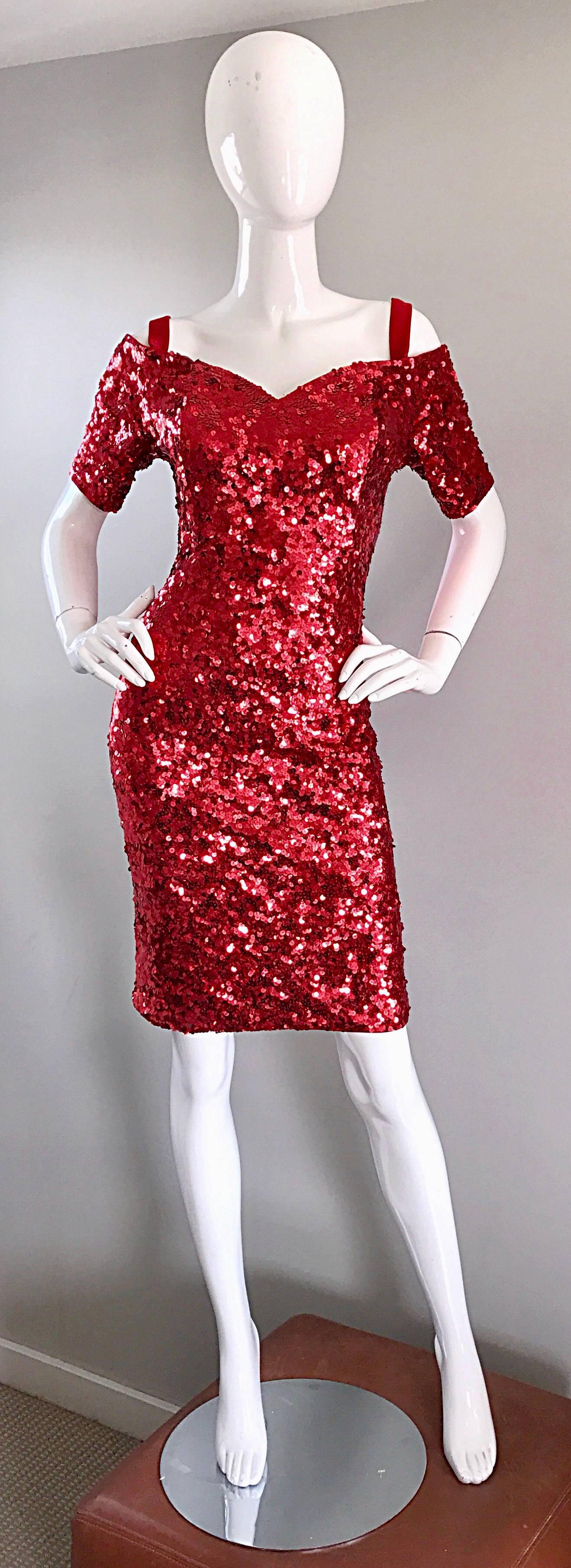 Sexy vintage 1990s LILLIE RUBIN lipstick red sequin jersey bodycon dress! Features thousands of hand-sewn sequins throughout the entire dress. Sits off the shoulder, with red straps sitting on top of the shoulder. Hidden zipper up the back with