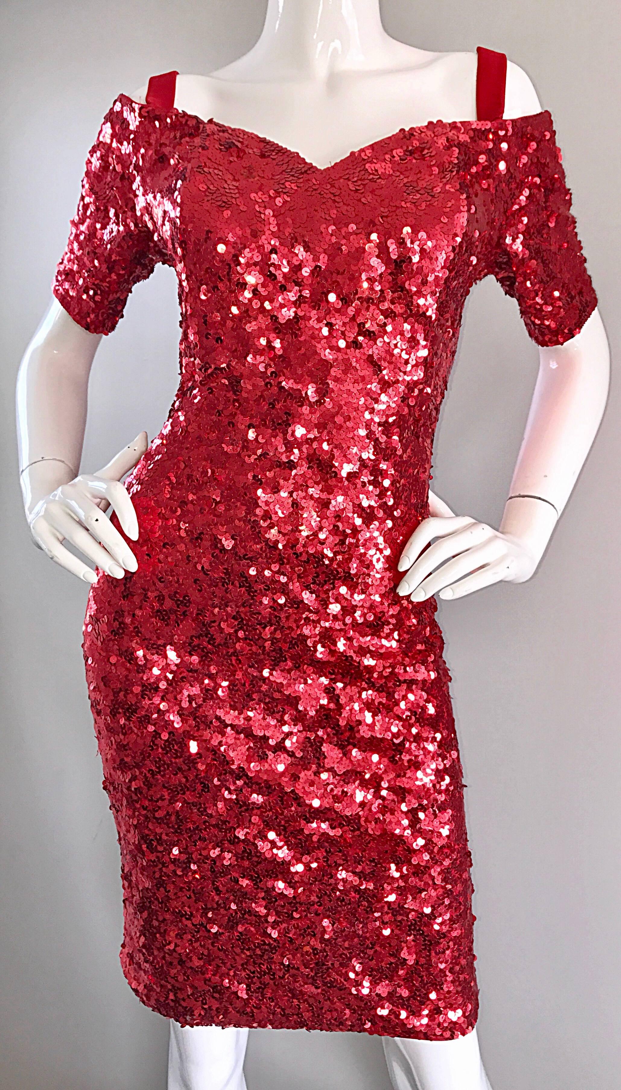 Lillie Rubin 1990s Sexy Vintage Red Sequin Off The Shoulder 90s Bodycon Dress In Excellent Condition For Sale In San Diego, CA