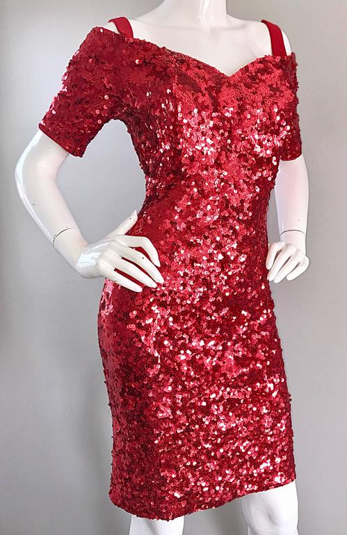 Lillie Rubin 1990s Sexy Vintage Red Sequin Off The Shoulder 90s Bodycon ...