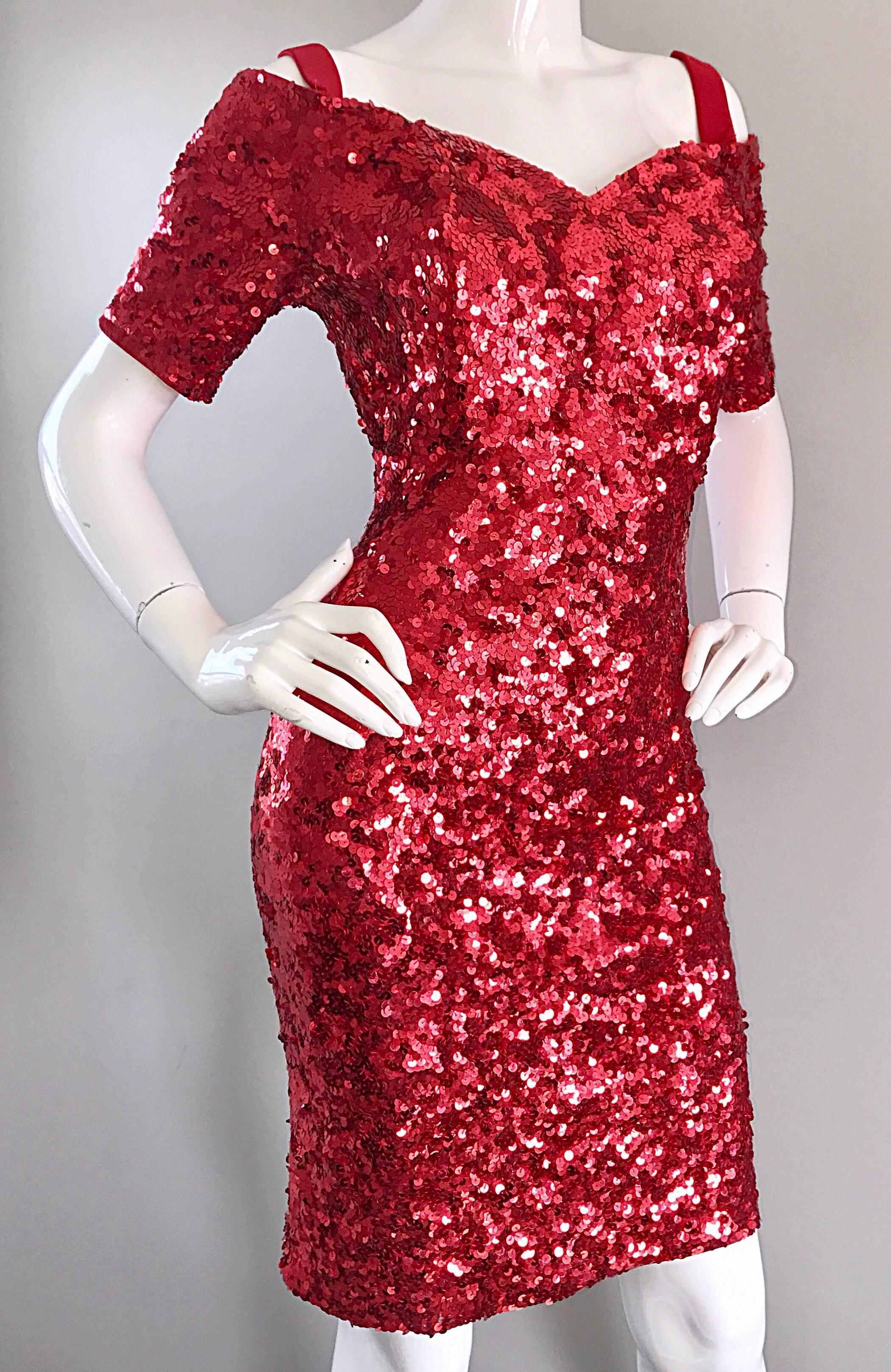Women's Lillie Rubin 1990s Sexy Vintage Red Sequin Off The Shoulder 90s Bodycon Dress For Sale