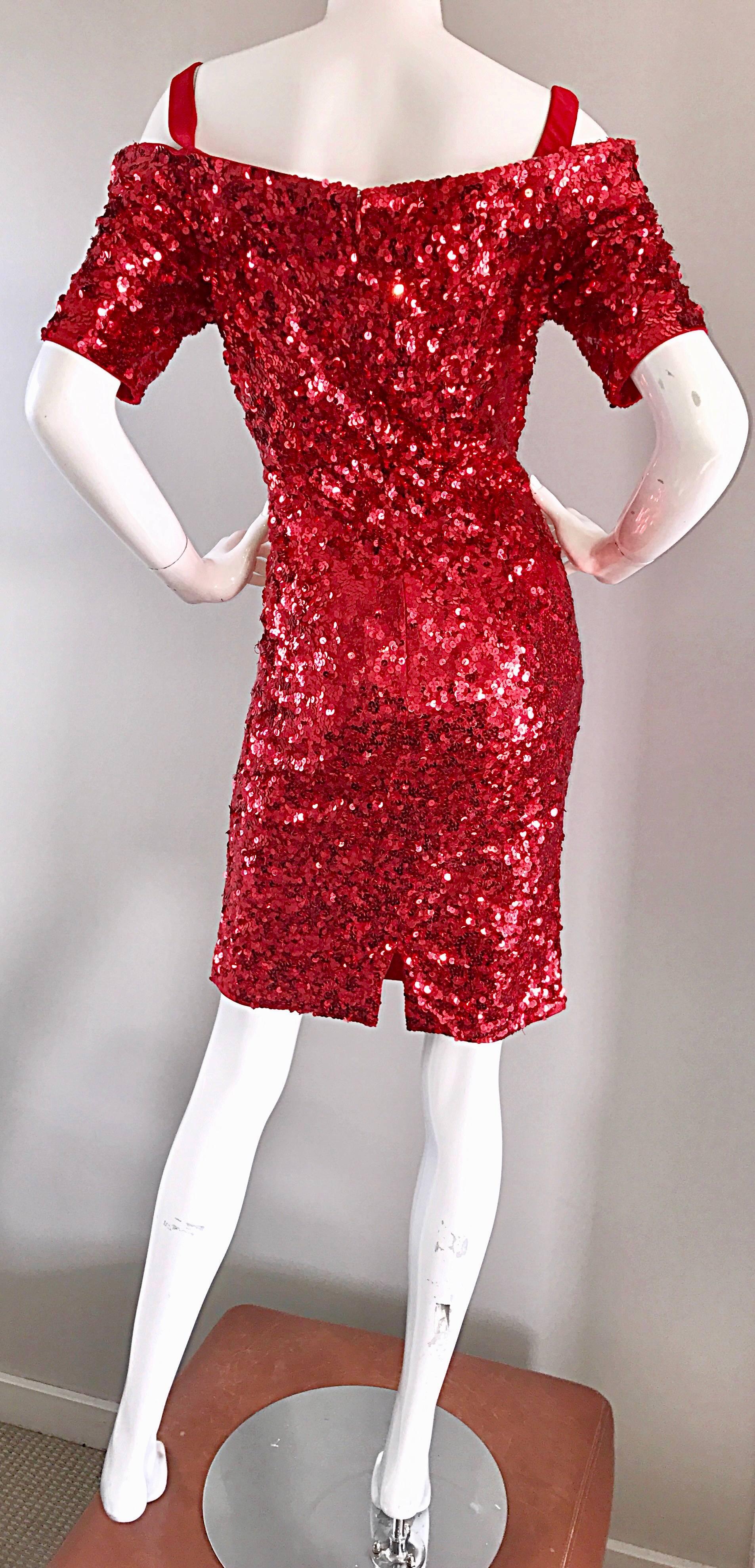 Lillie Rubin 1990s Sexy Vintage Red Sequin Off The Shoulder 90s Bodycon Dress For Sale 1