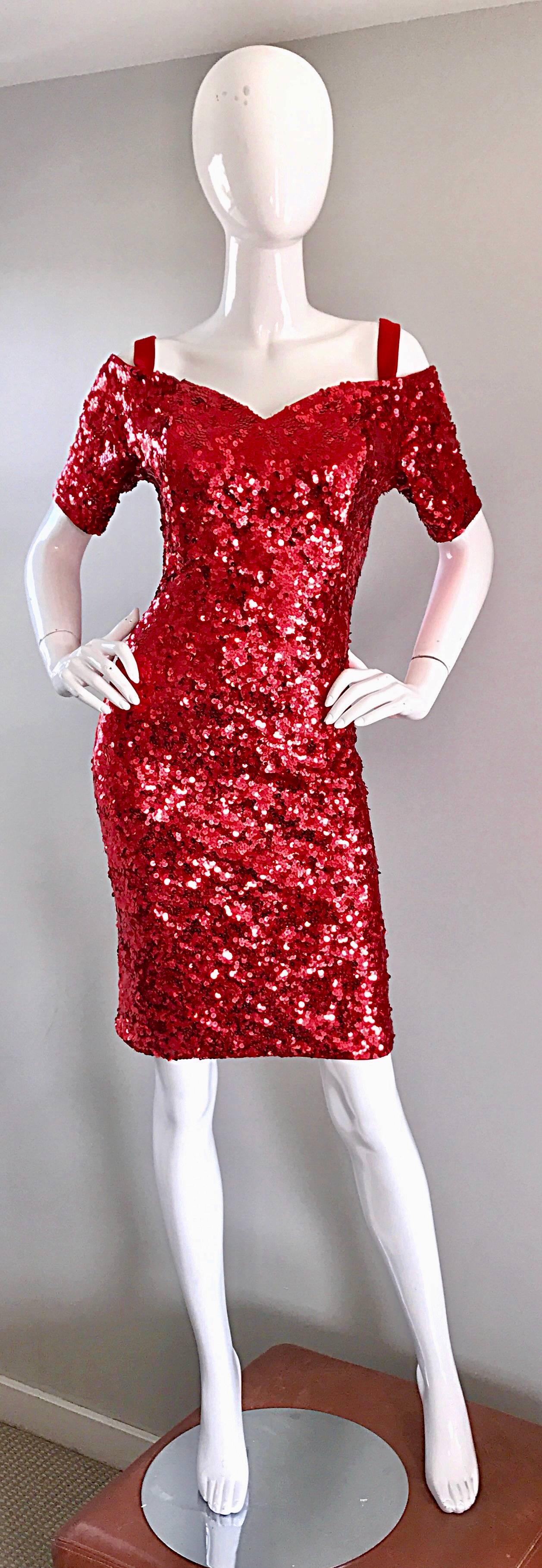 Lillie Rubin 1990s Sexy Vintage Red Sequin Off The Shoulder 90s Bodycon Dress For Sale 2