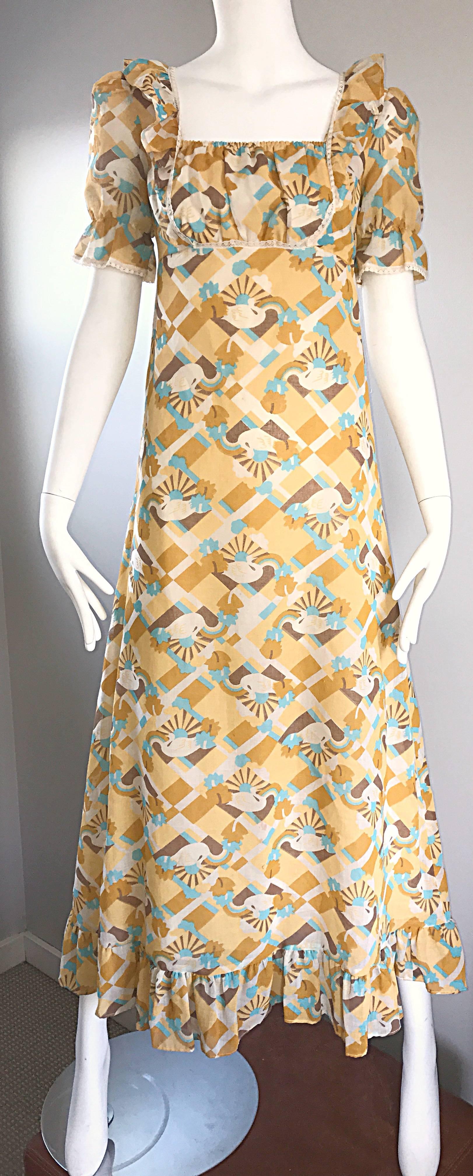 Women's 1970s Swan Print Novelty Cotton Boho Vintage 70s Blue and Yellow Maxi Dress  For Sale