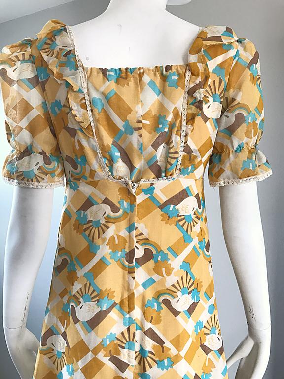 1970s Swan Print Novelty Cotton Boho Vintage 70s Blue and Yellow Maxi ...