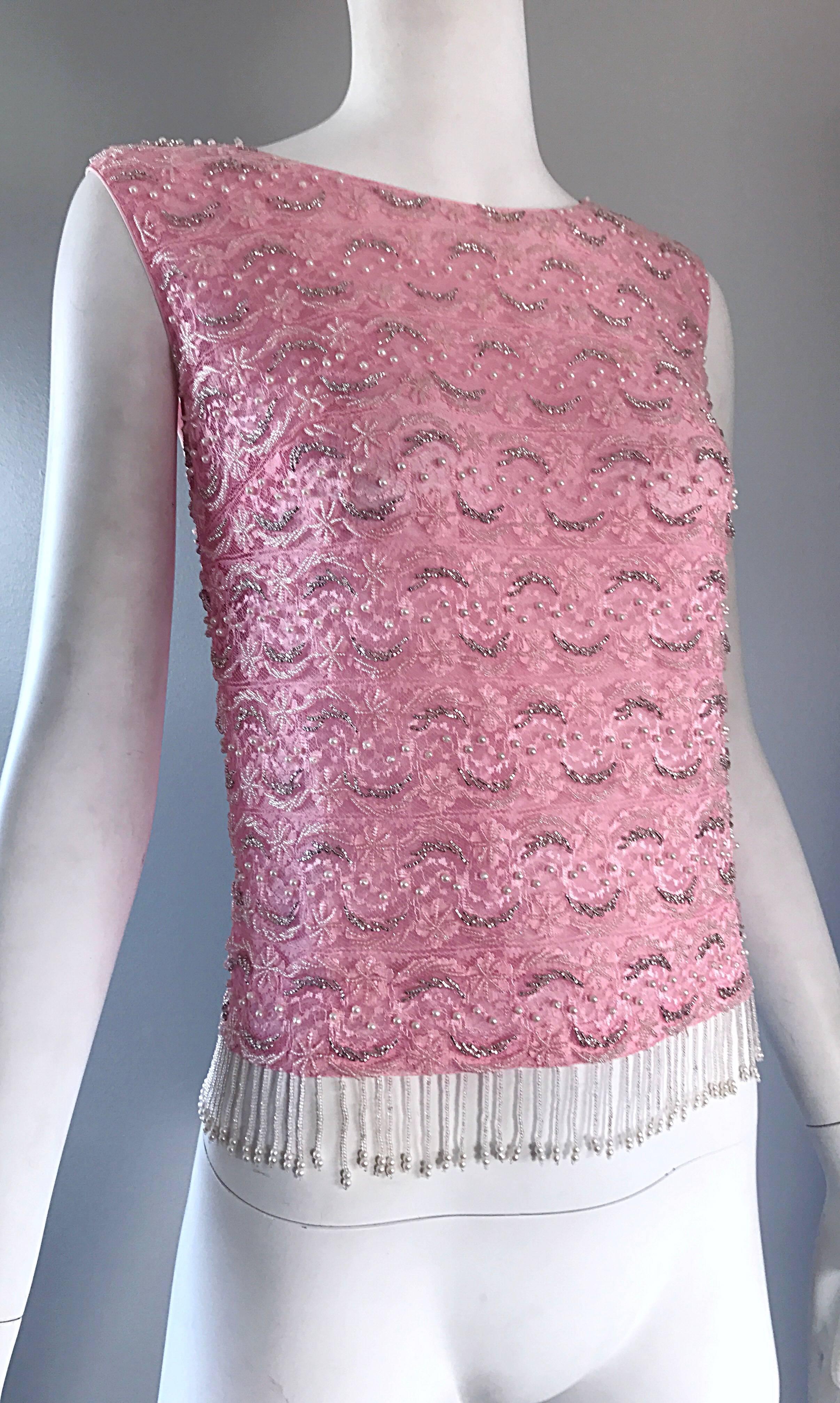 Chic 1960s Pink Beaded Sequin Harilela's Hong Kong Sleeveless Silk Vintage Top In Excellent Condition For Sale In San Diego, CA