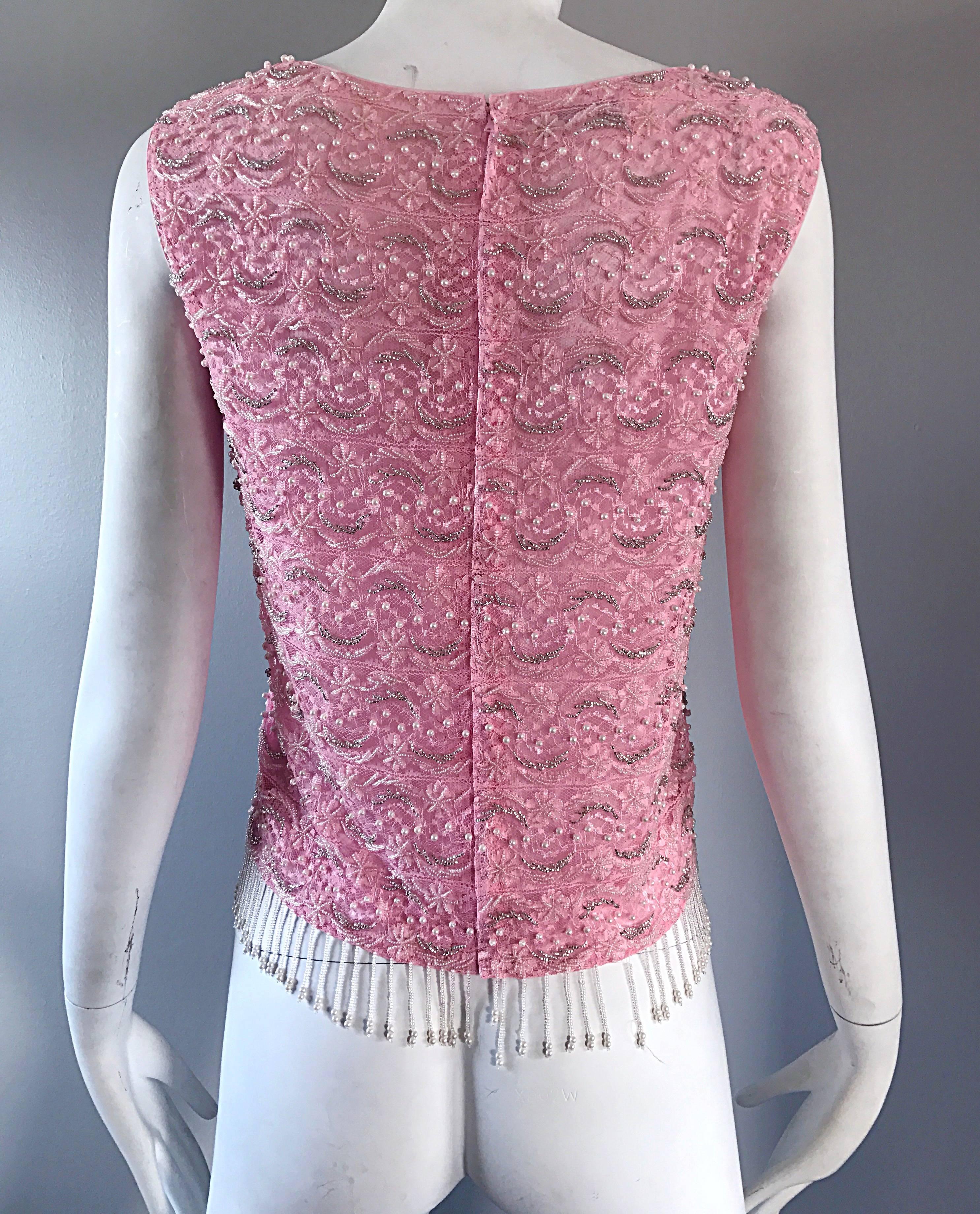 Women's Chic 1960s Pink Beaded Sequin Harilela's Hong Kong Sleeveless Silk Vintage Top For Sale