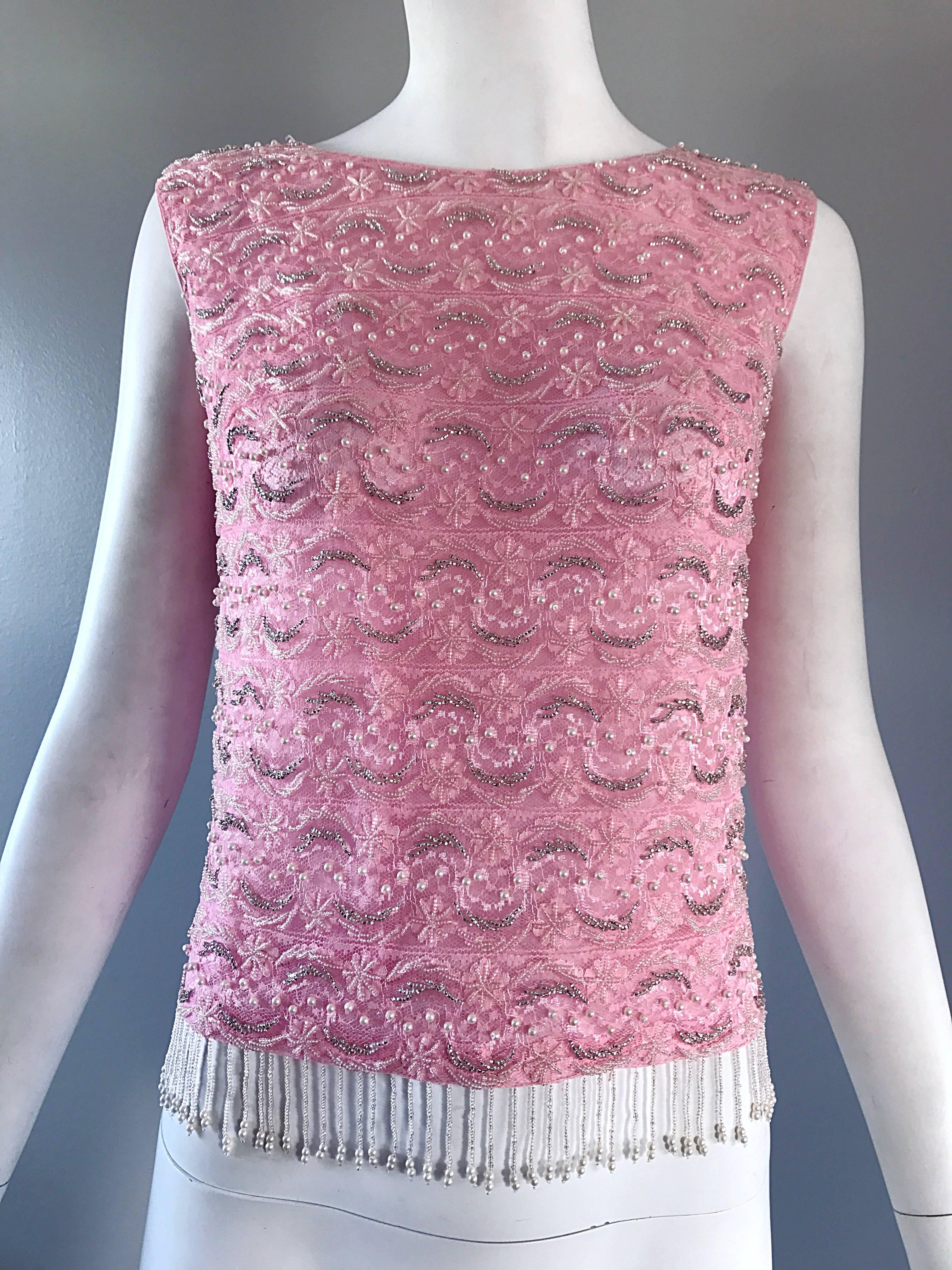 Brown Chic 1960s Pink Beaded Sequin Harilela's Hong Kong Sleeveless Silk Vintage Top For Sale