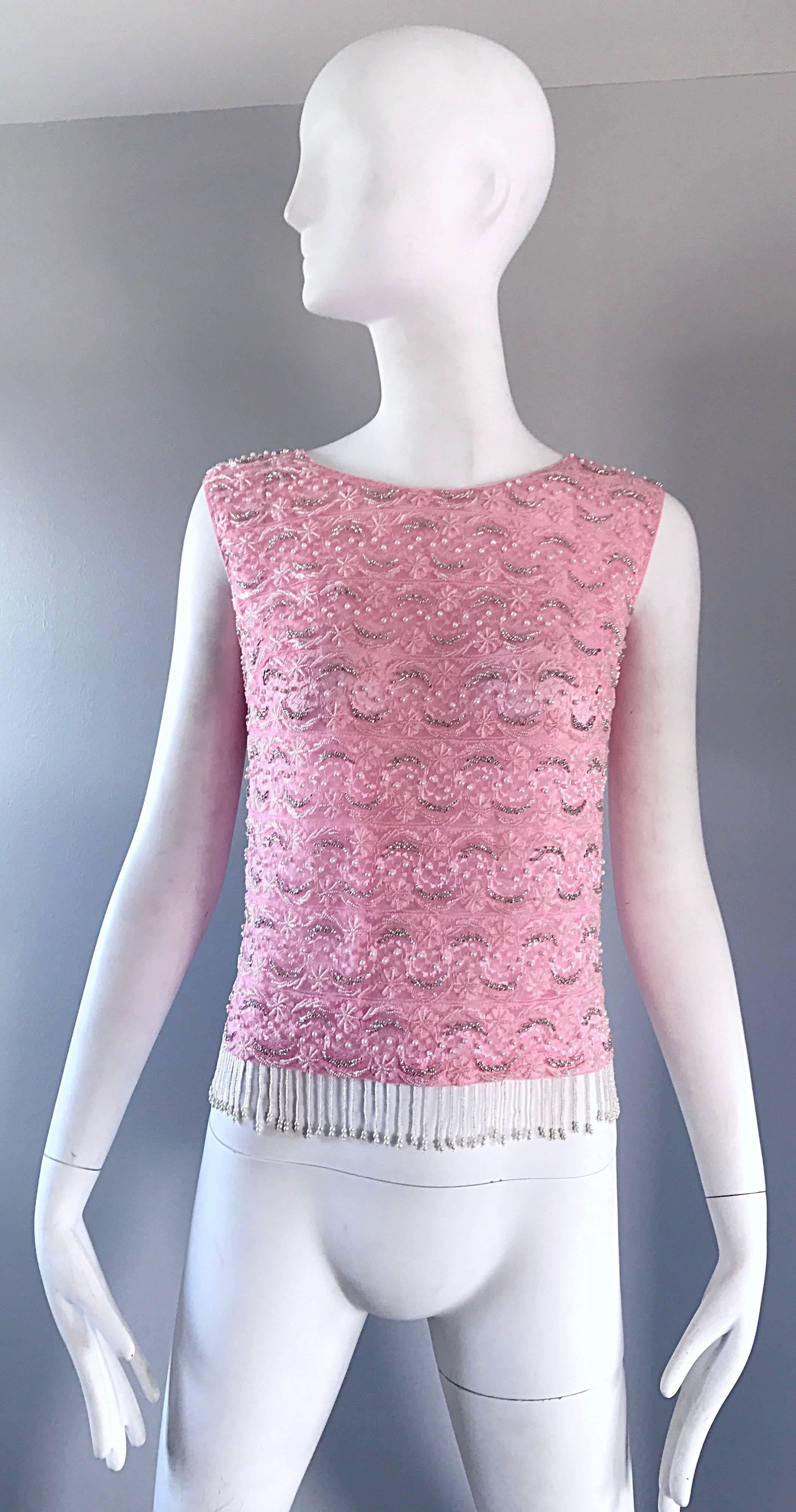 Chic 1960s Pink Beaded Sequin Harilela's Hong Kong Sleeveless Silk Vintage Top For Sale 1