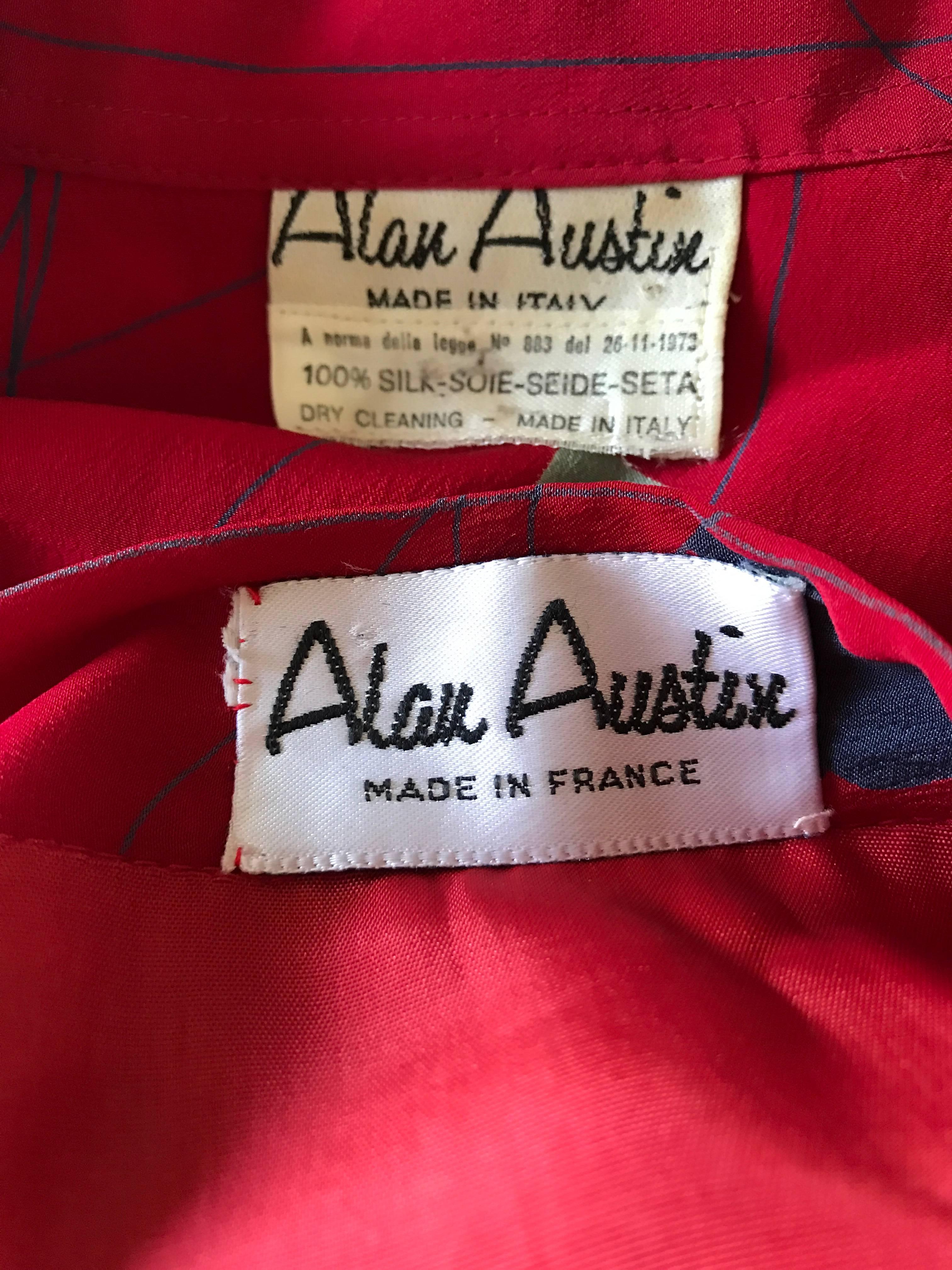 1970er Alan Austin Italienische rote Seide Vintage Bluse und Rock 70er Jahre Kleid Ensemble im Angebot 3