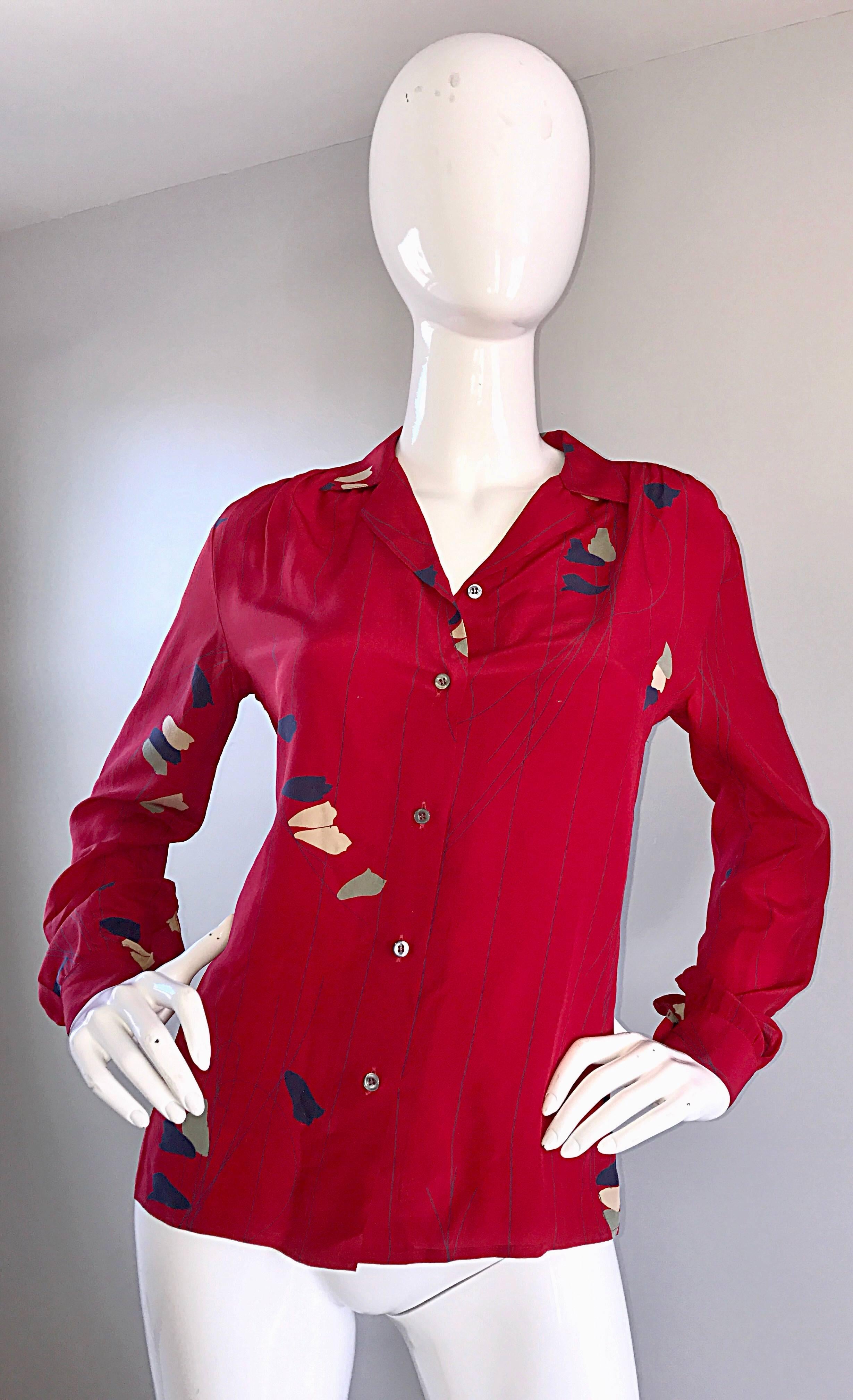 1970s Alan Austin Italian Red Silk Vintage Blouse and Skirt 70s Dress Ensemble In Excellent Condition For Sale In San Diego, CA