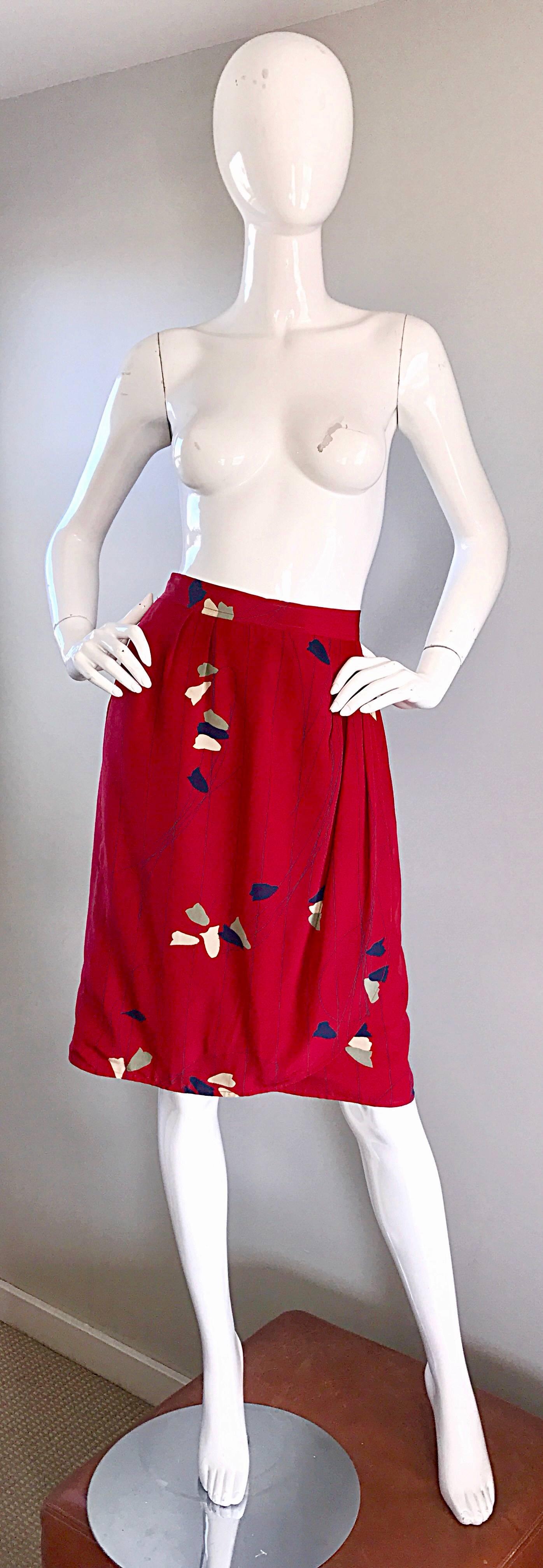 Women's 1970s Alan Austin Italian Red Silk Vintage Blouse and Skirt 70s Dress Ensemble For Sale