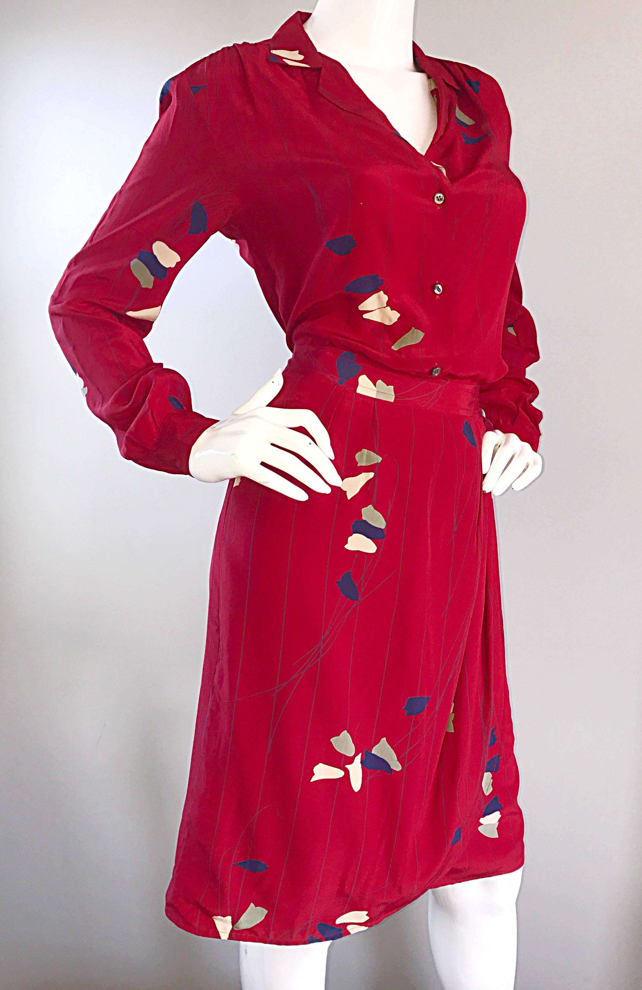 1970s Alan Austin Italian Red Silk Vintage Blouse and Skirt 70s Dress Ensemble For Sale 1