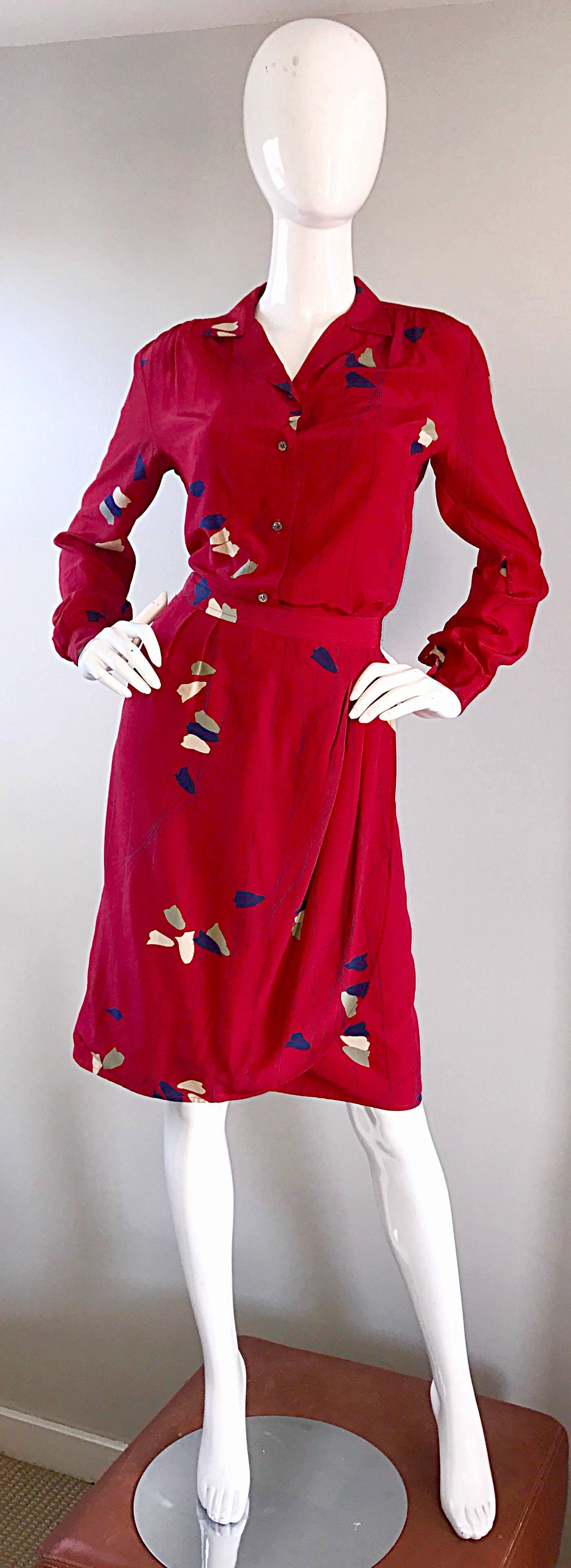 1970s Alan Austin Italian Red Silk Vintage Blouse and Skirt 70s Dress Ensemble For Sale 2