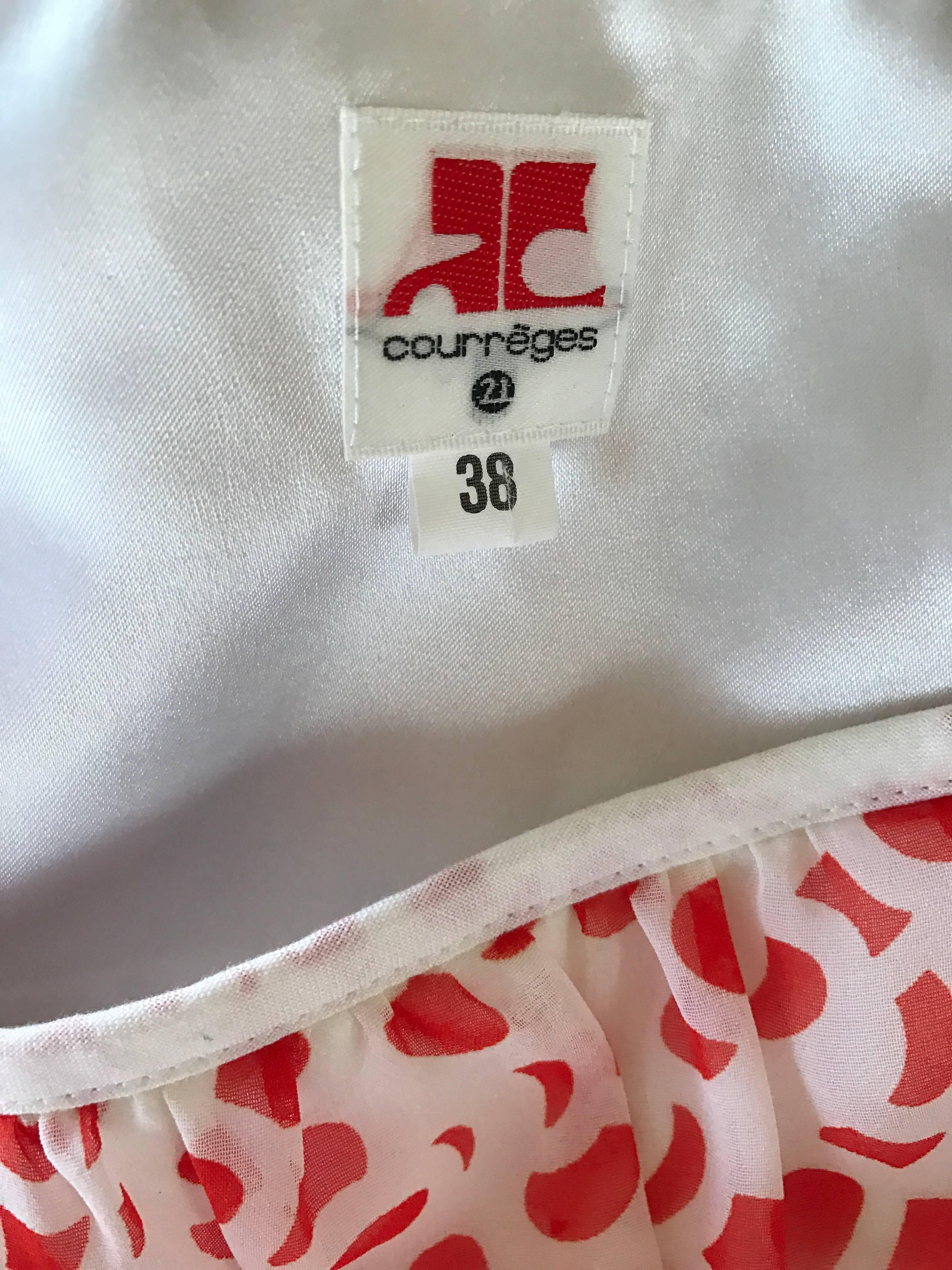 1970s Courreges Silk Chiffon Red and White Vintage 70s Empire Waist Logo Top For Sale 3