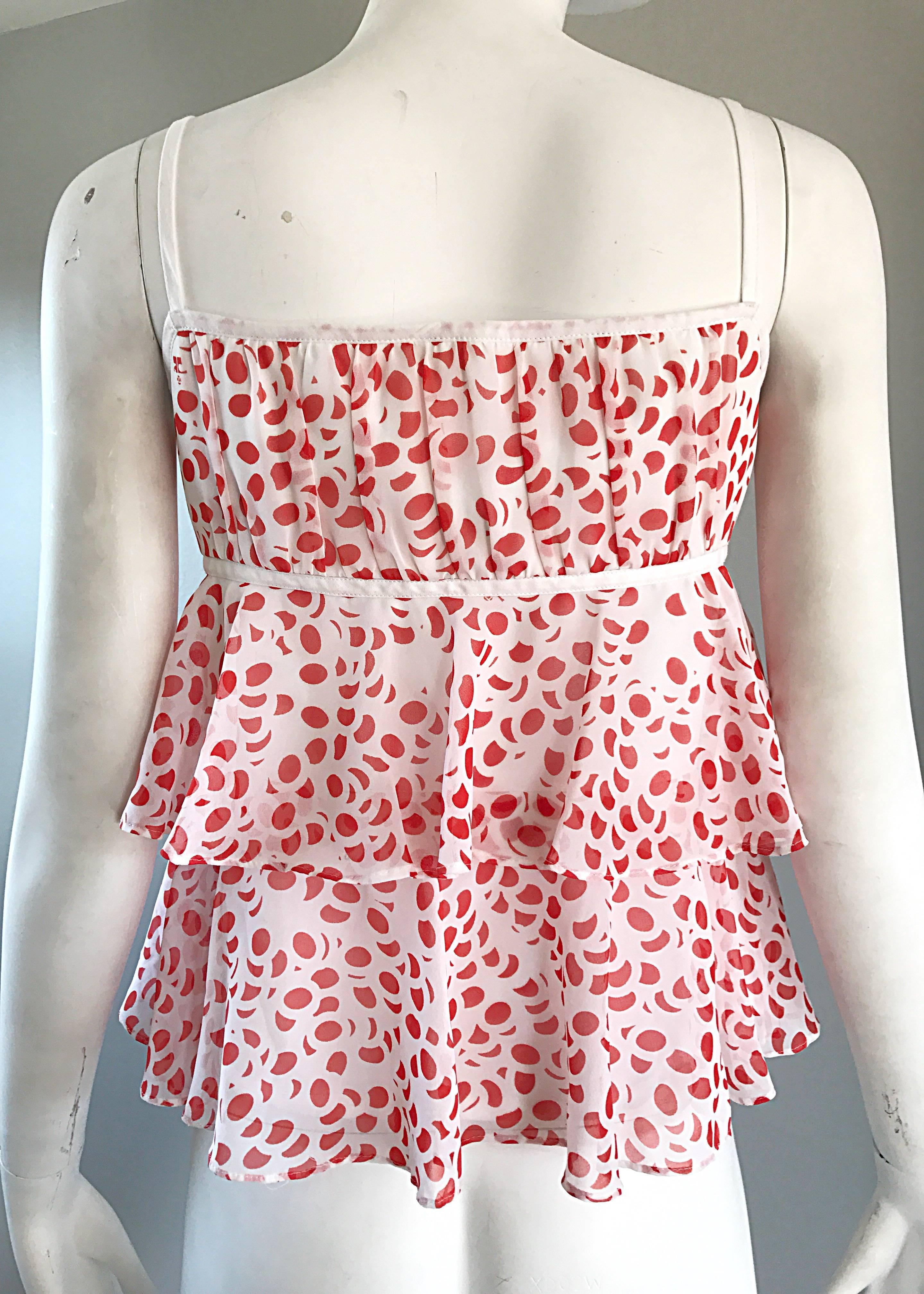 Beige 1970s Courreges Silk Chiffon Red and White Vintage 70s Empire Waist Logo Top For Sale
