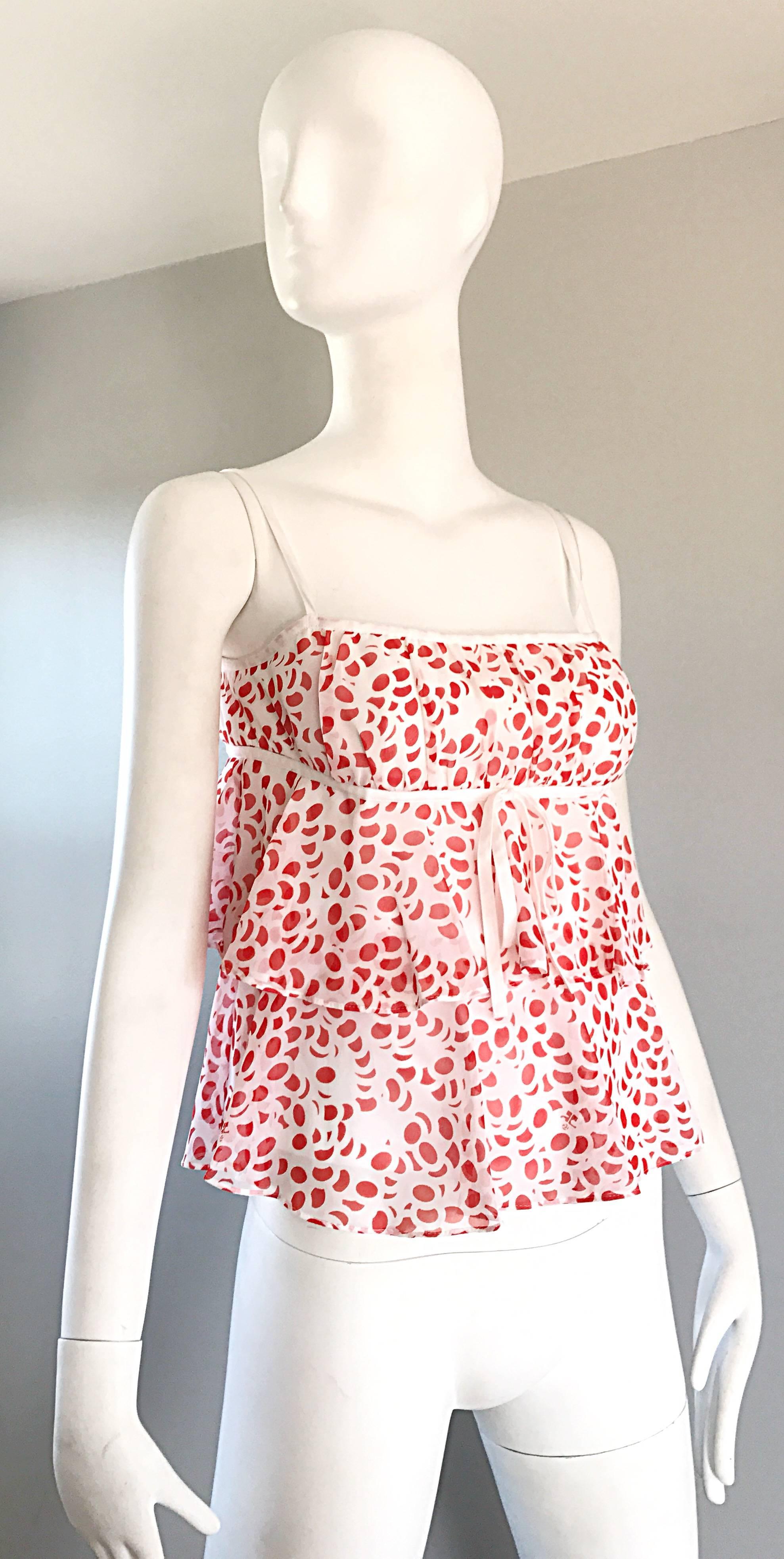 1970s Courreges Silk Chiffon Red and White Vintage 70s Empire Waist Logo Top In Excellent Condition For Sale In San Diego, CA