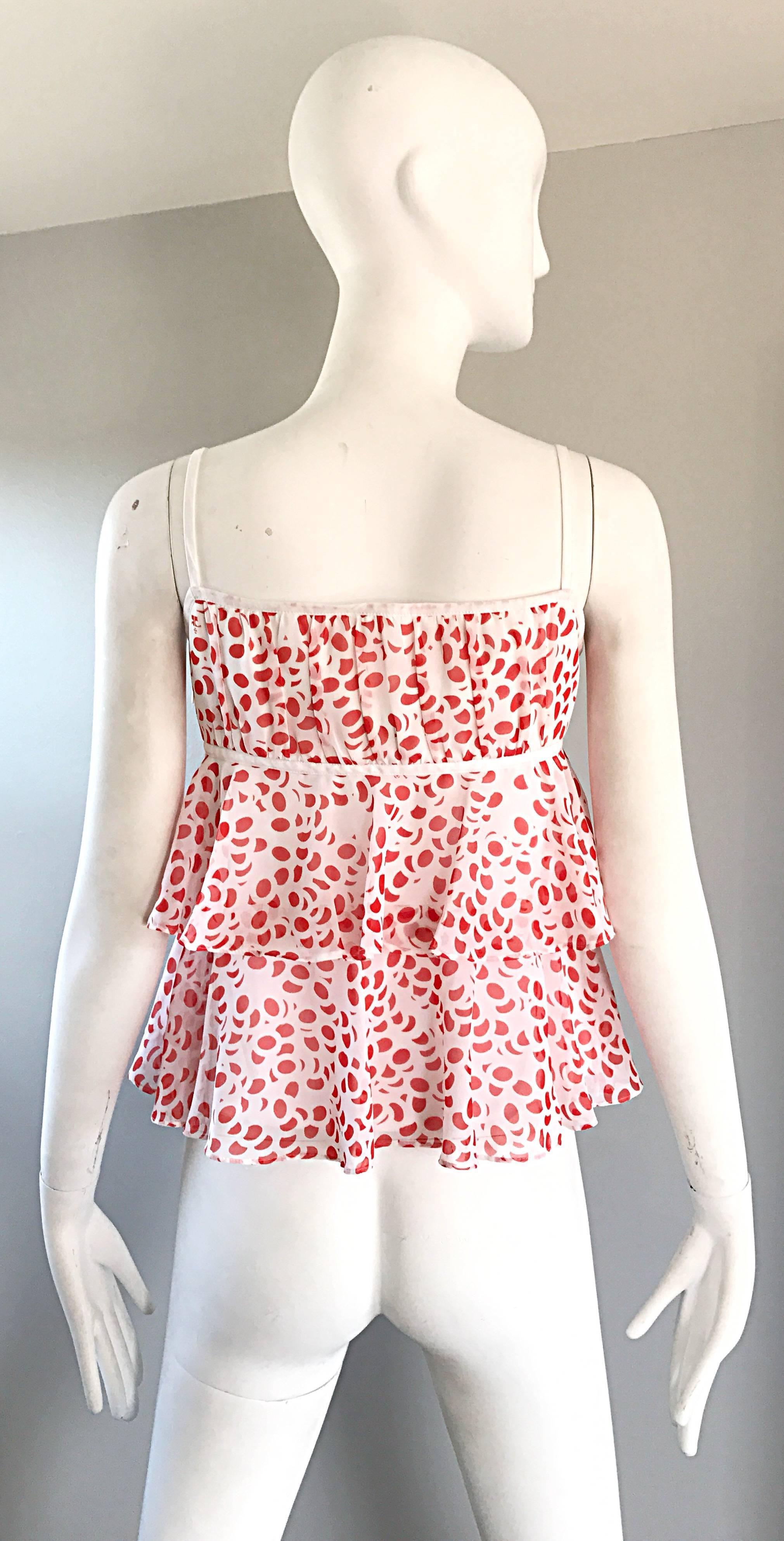 1970s Courreges Silk Chiffon Red and White Vintage 70s Empire Waist Logo Top For Sale 1