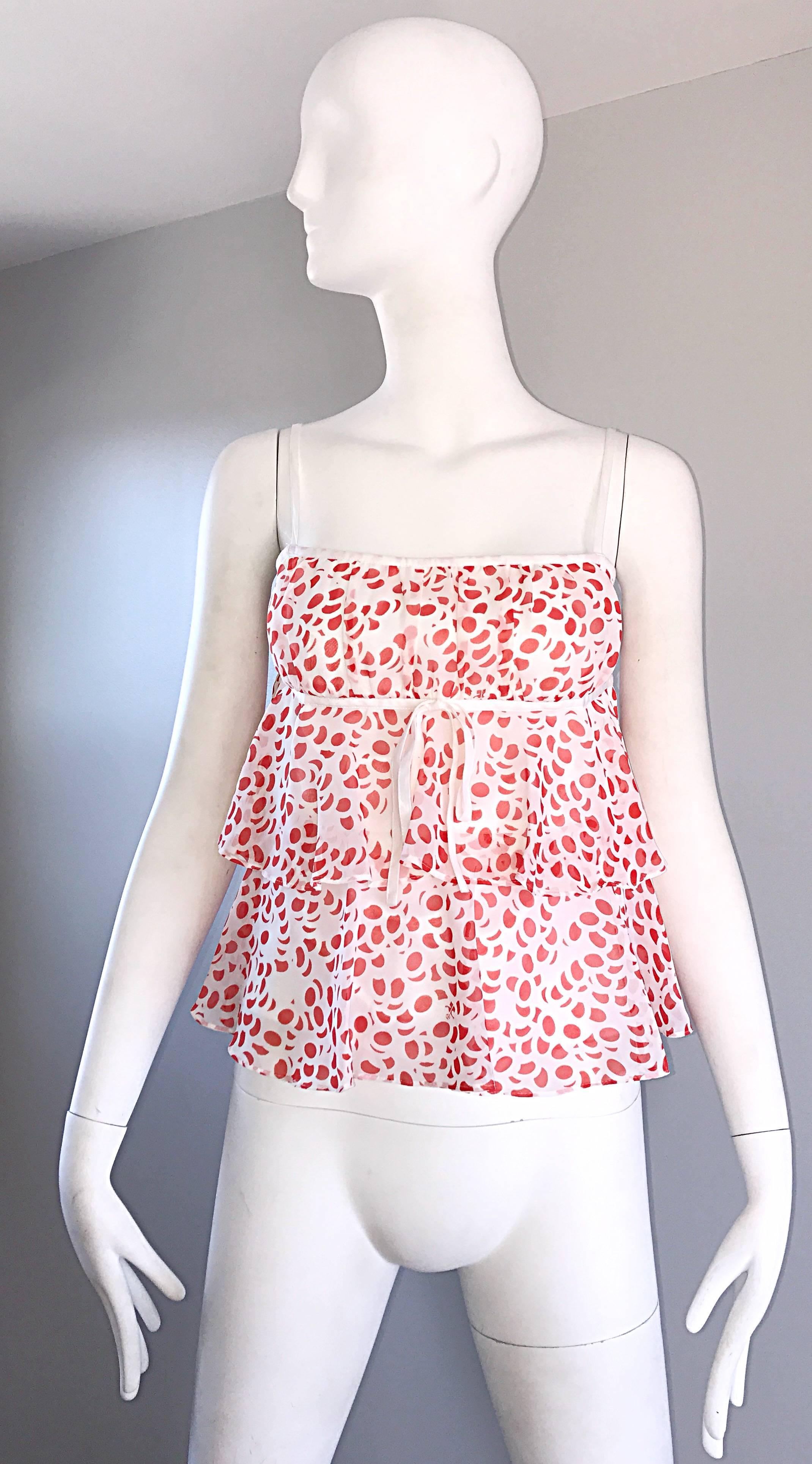 1970s Courreges Silk Chiffon Red and White Vintage 70s Empire Waist Logo Top For Sale 2