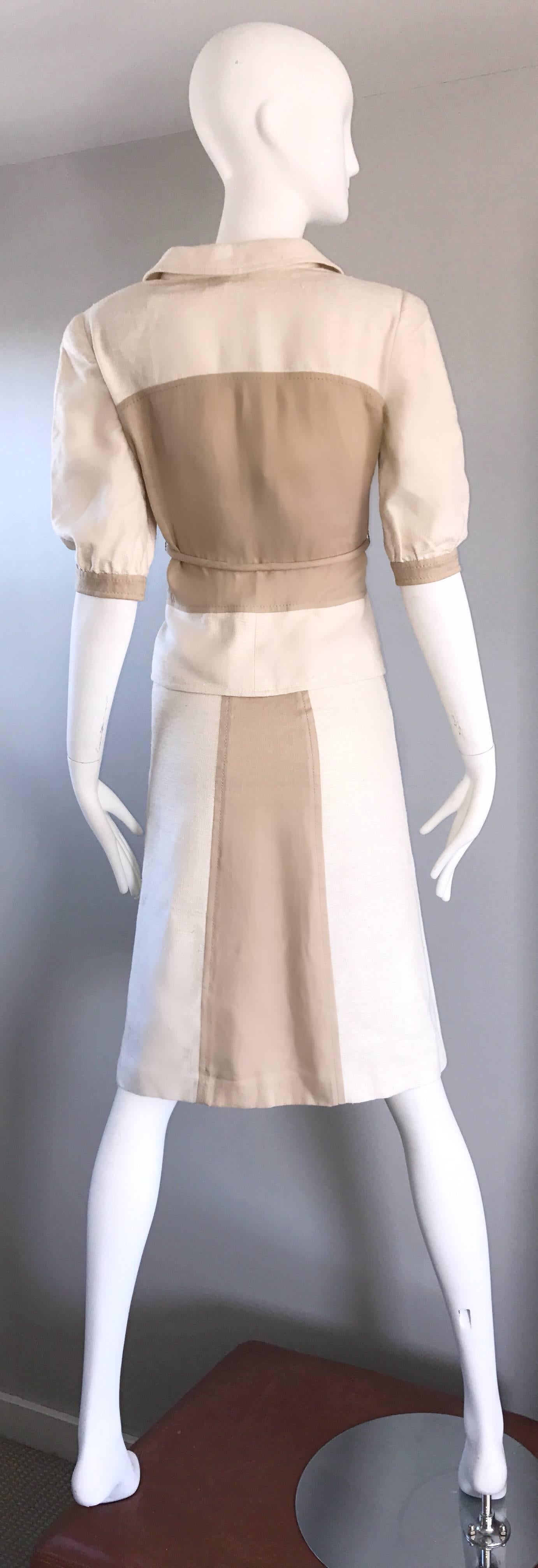 Brand New Valentino NWT $3, 600 Ivory + Beige Taupe 2004 Size 4 Silk Skirt Suit  In New Condition For Sale In San Diego, CA