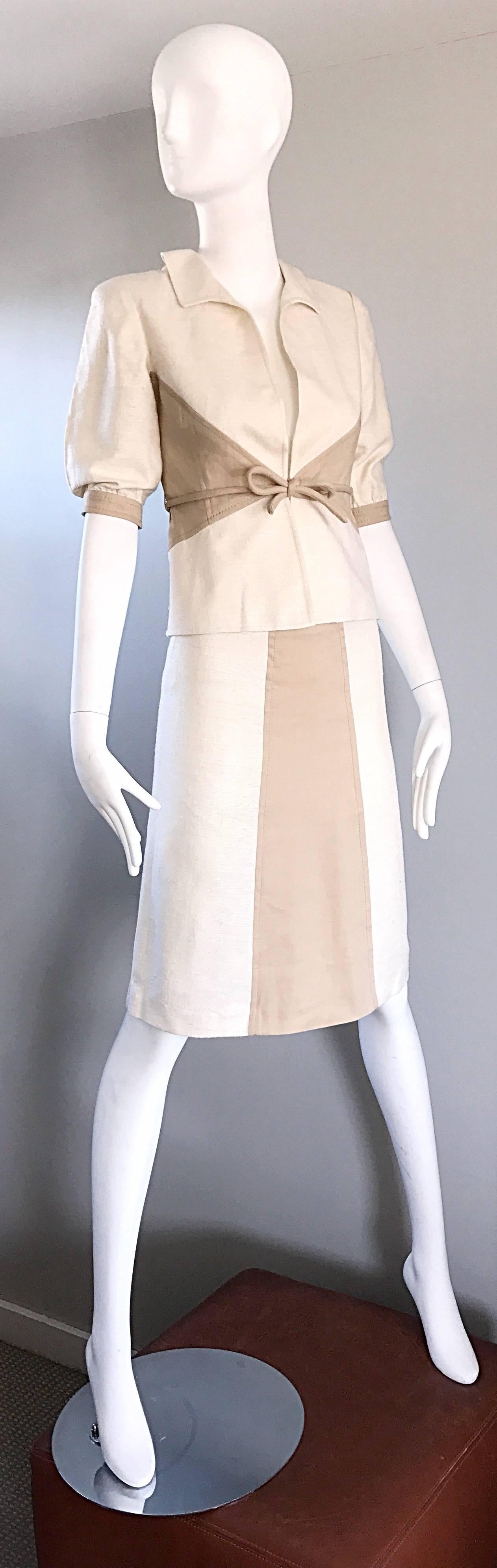 Brand New Valentino NWT $3, 600 Ivory + Beige Taupe 2004 Size 4 Silk Skirt Suit  For Sale 1