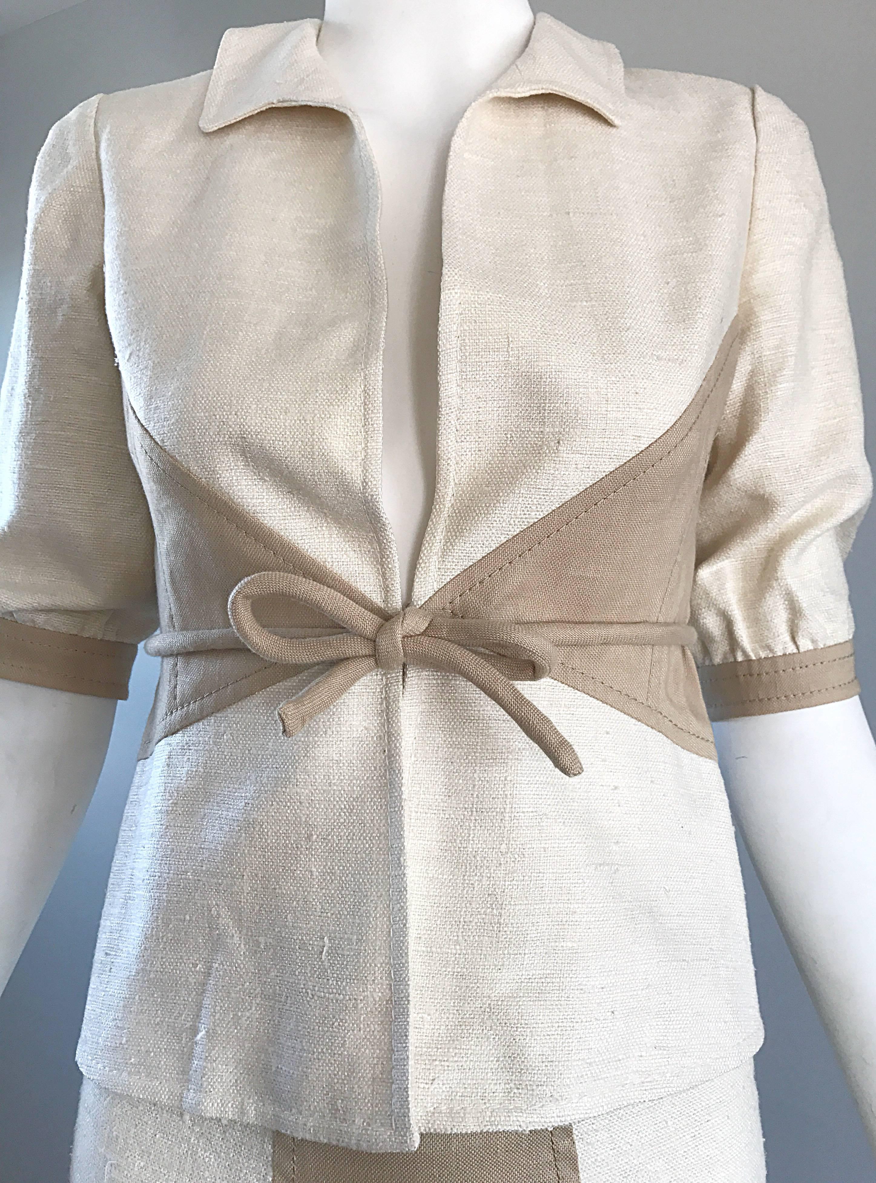 Women's Brand New Valentino NWT $3, 600 Ivory + Beige Taupe 2004 Size 4 Silk Skirt Suit  For Sale