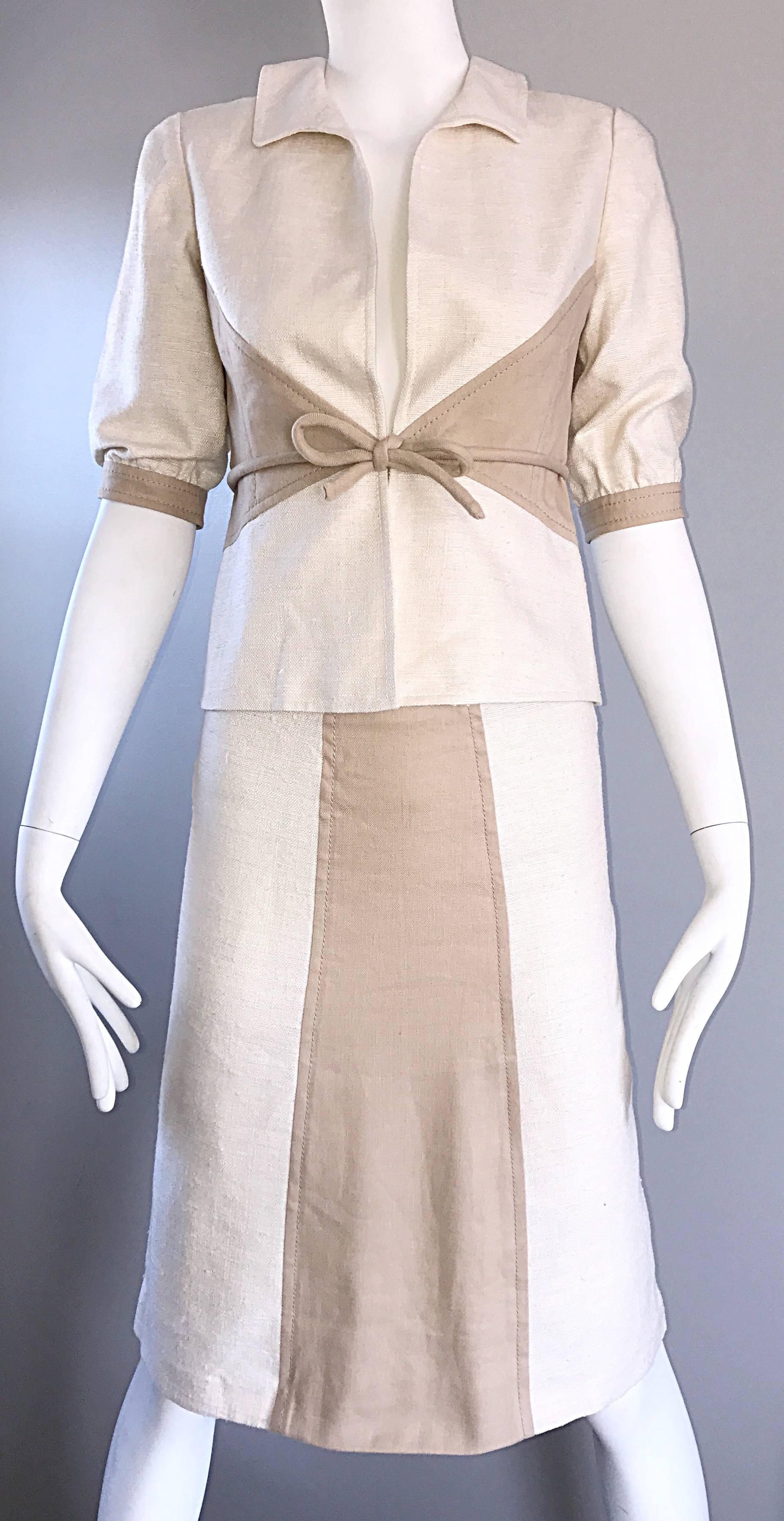 Brand New Valentino NWT $3, 600 Ivory + Beige Taupe 2004 Size 4 Silk Skirt Suit  For Sale 2