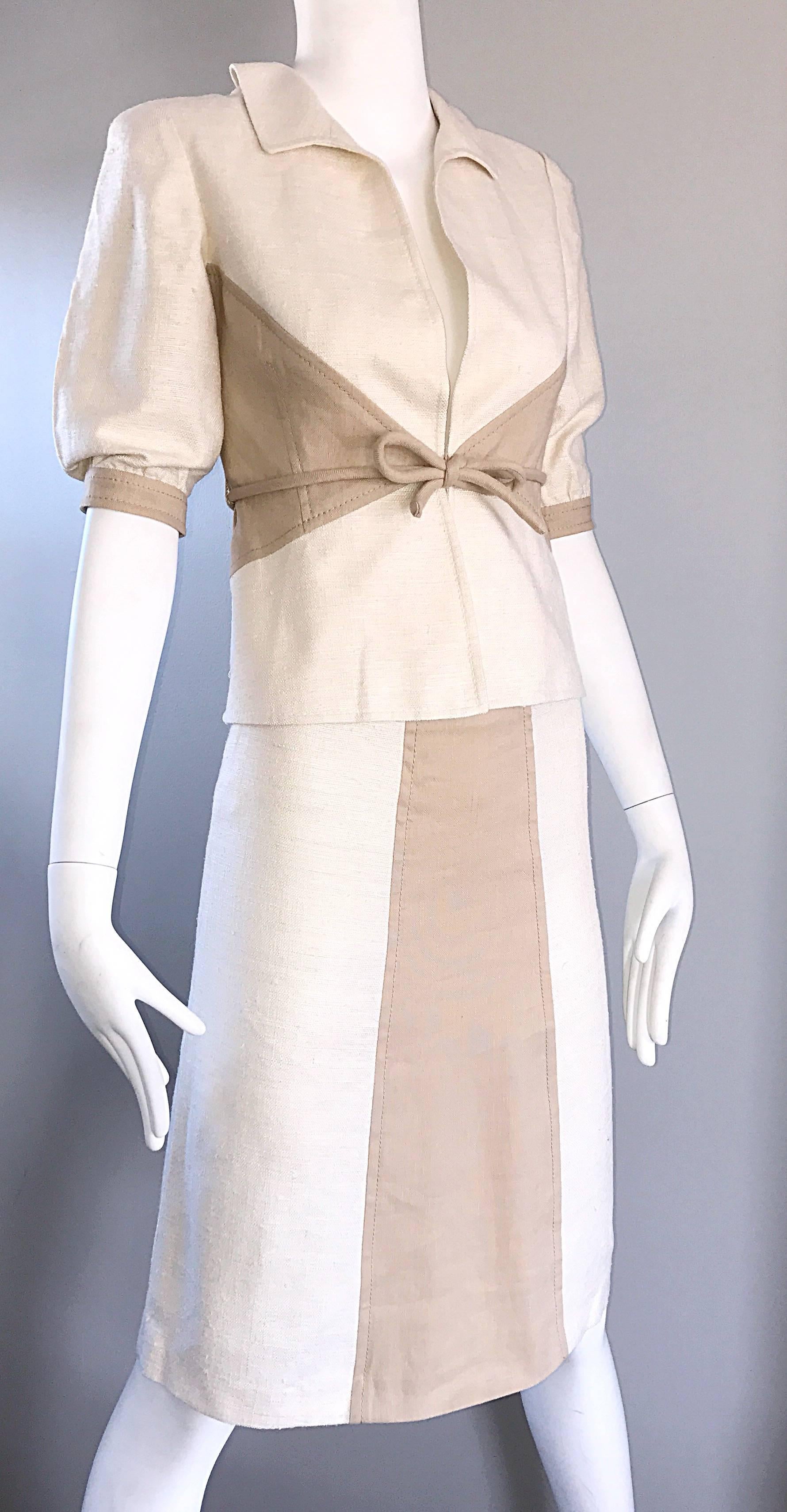 Brand New Valentino NWT $3, 600 Ivory + Beige Taupe 2004 Size 4 Silk Skirt Suit For Sale 4