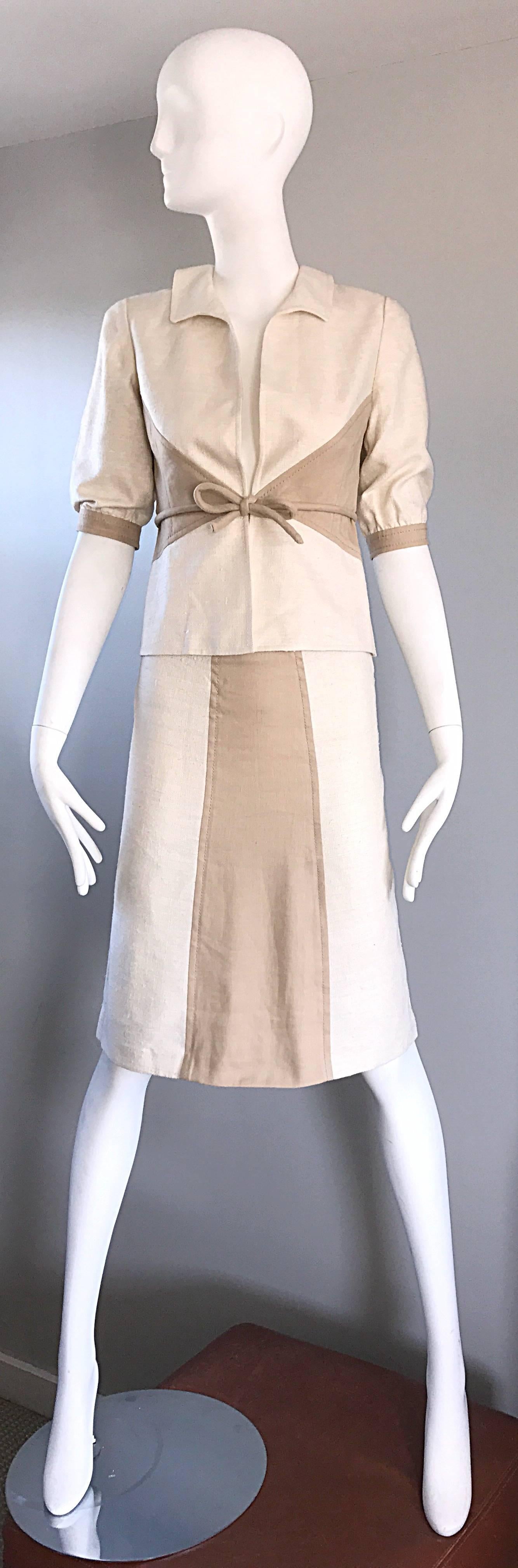 Brand New Valentino NWT $3, 600 Ivory + Beige Taupe 2004 Size 4 Silk Skirt Suit  For Sale 5