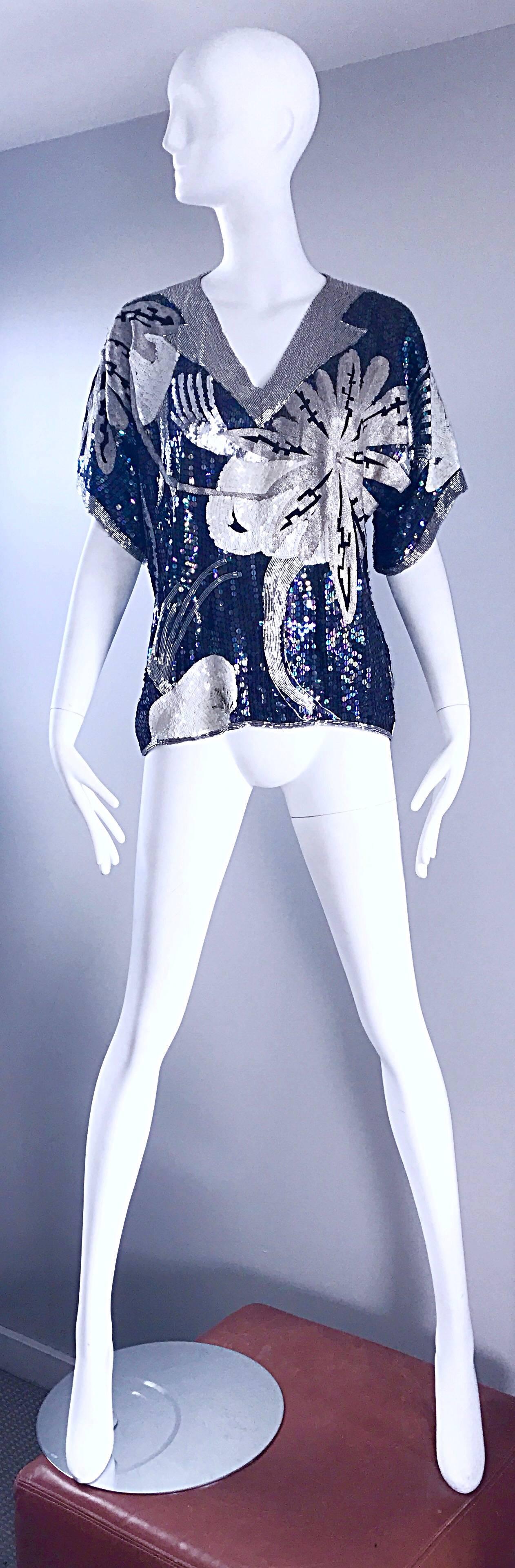 Incredible Vintage Jeanette Kastenberg Trompe l'oeil Heavily Beaded & Sequin Top In Excellent Condition For Sale In San Diego, CA