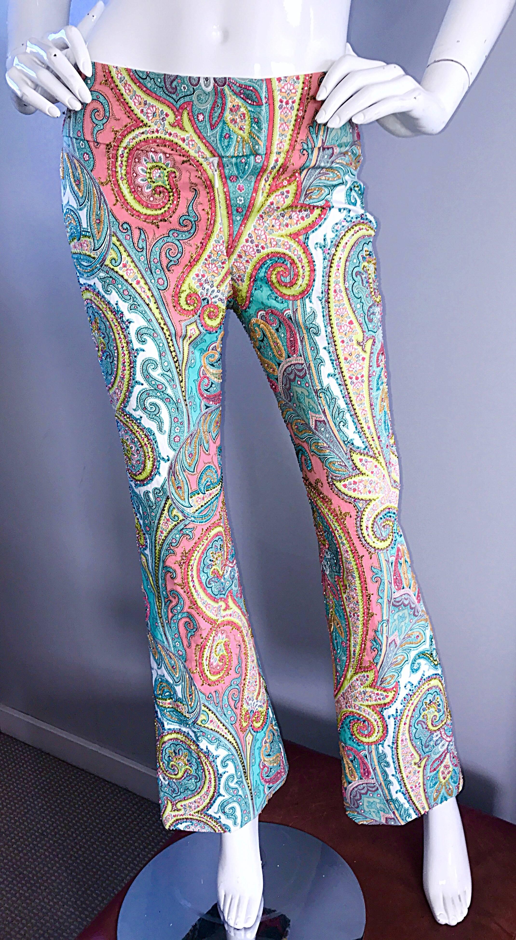 Women's Amazing Carmen Marc Valvo 1990s Fully Beaded Low Rise Paisley Flare Leg Pants For Sale