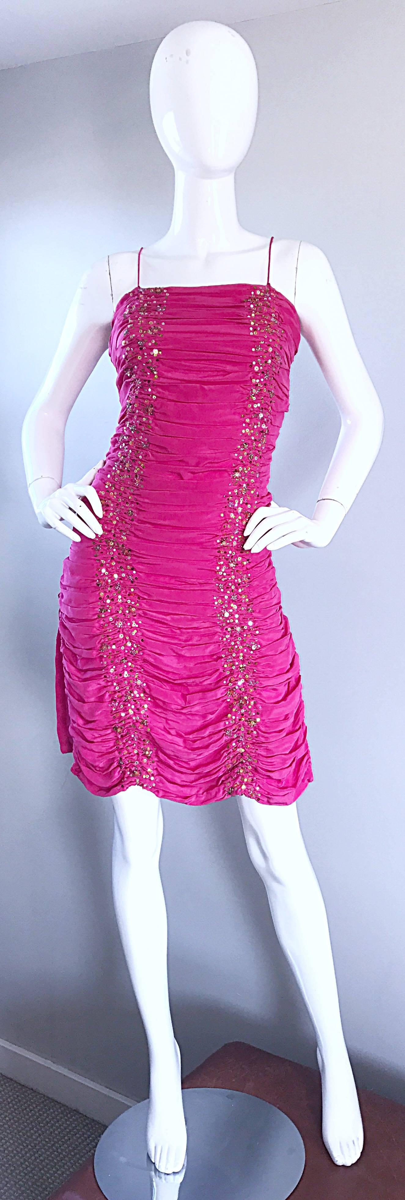 Gorgeous PAYAL SINGHAL hot pink silk dress from her first collection in 1999! Intricate ruching detail, with hundreds of hand-sewn sequins on each side. Slits on each side of the leg reveal just the right amount of skin. Hidden zipper down the side.