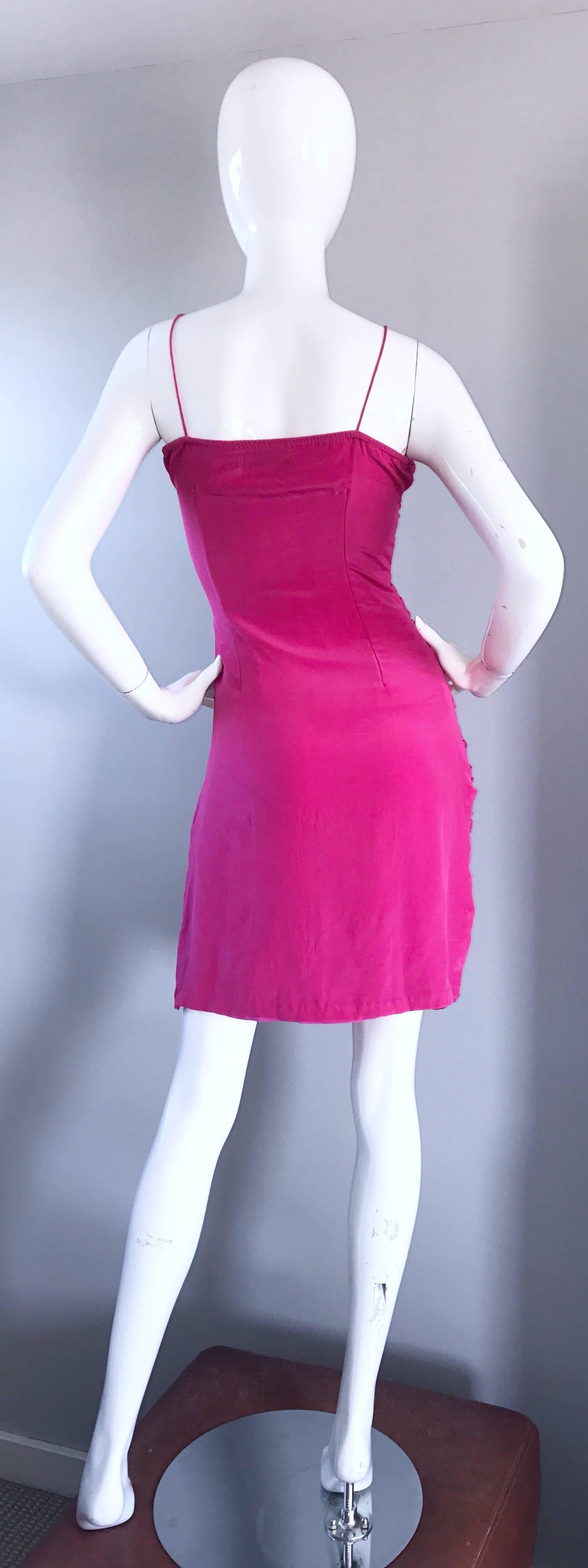 Payal Singhal First Collection c. 1999 Hot Pink Fuchsia Sequined Ruched Dress In Excellent Condition For Sale In San Diego, CA