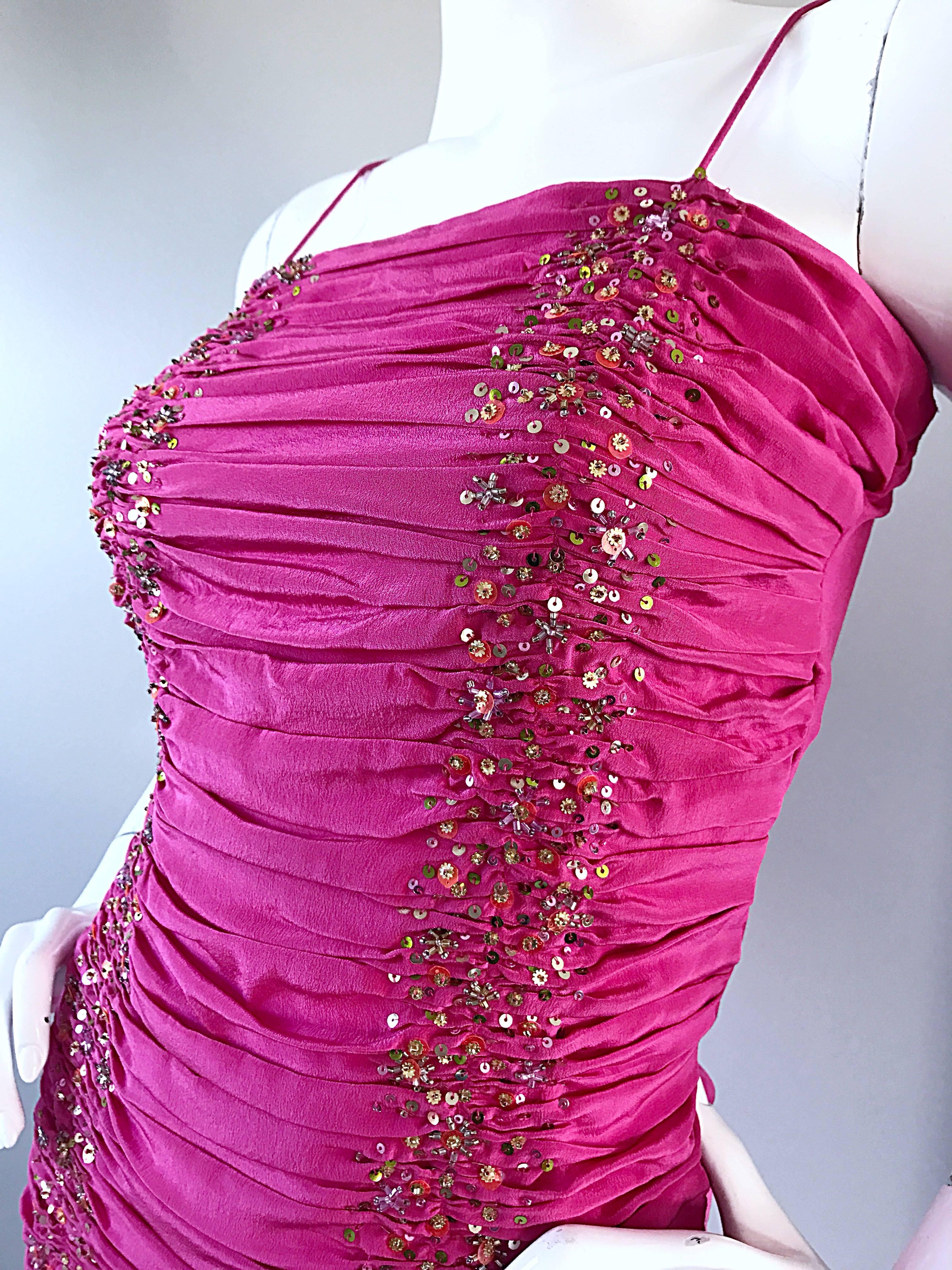 Women's Payal Singhal First Collection c. 1999 Hot Pink Fuchsia Sequined Ruched Dress For Sale