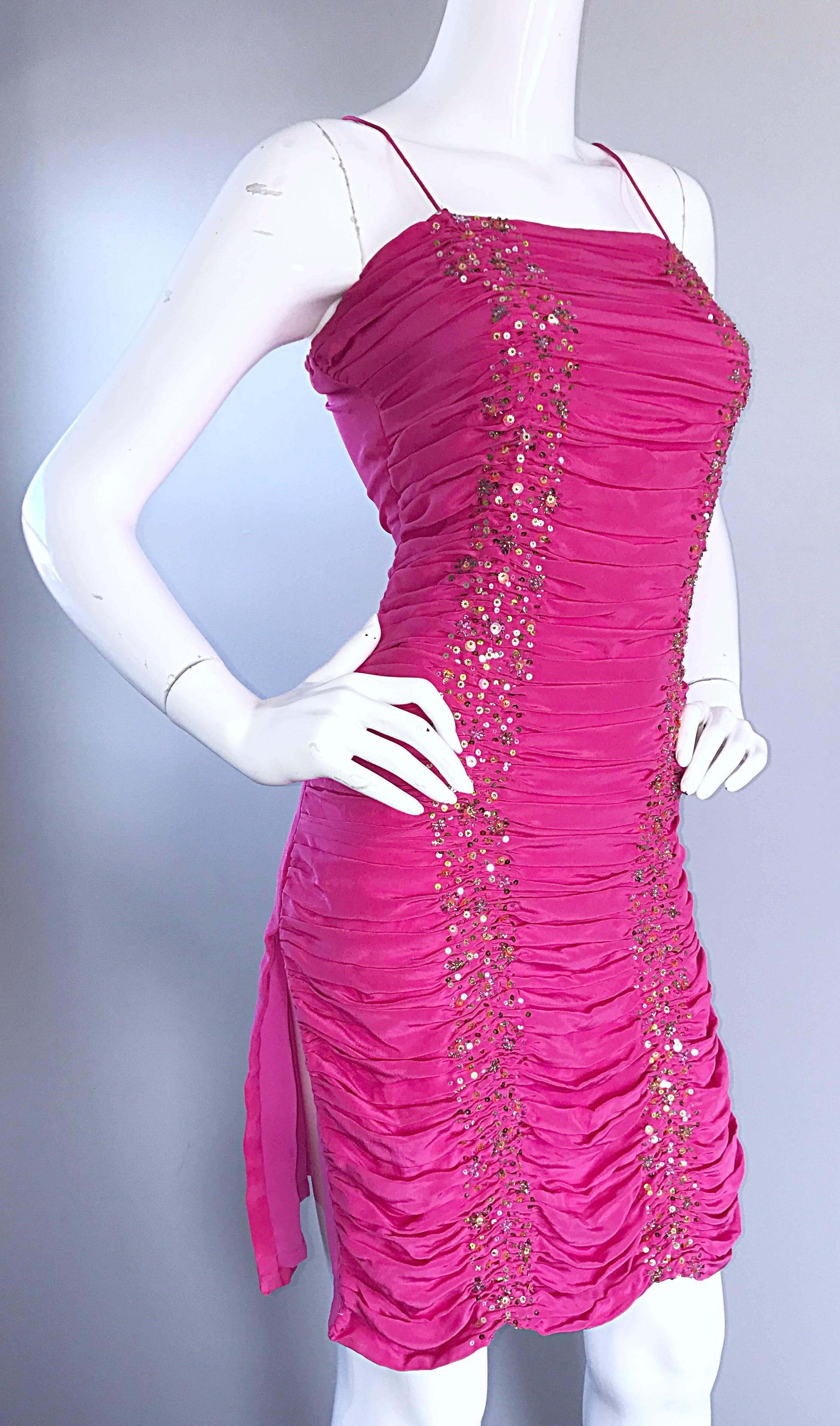 Payal Singhal First Collection c. 1999 Hot Pink Fuchsia Sequined Ruched Dress For Sale 1