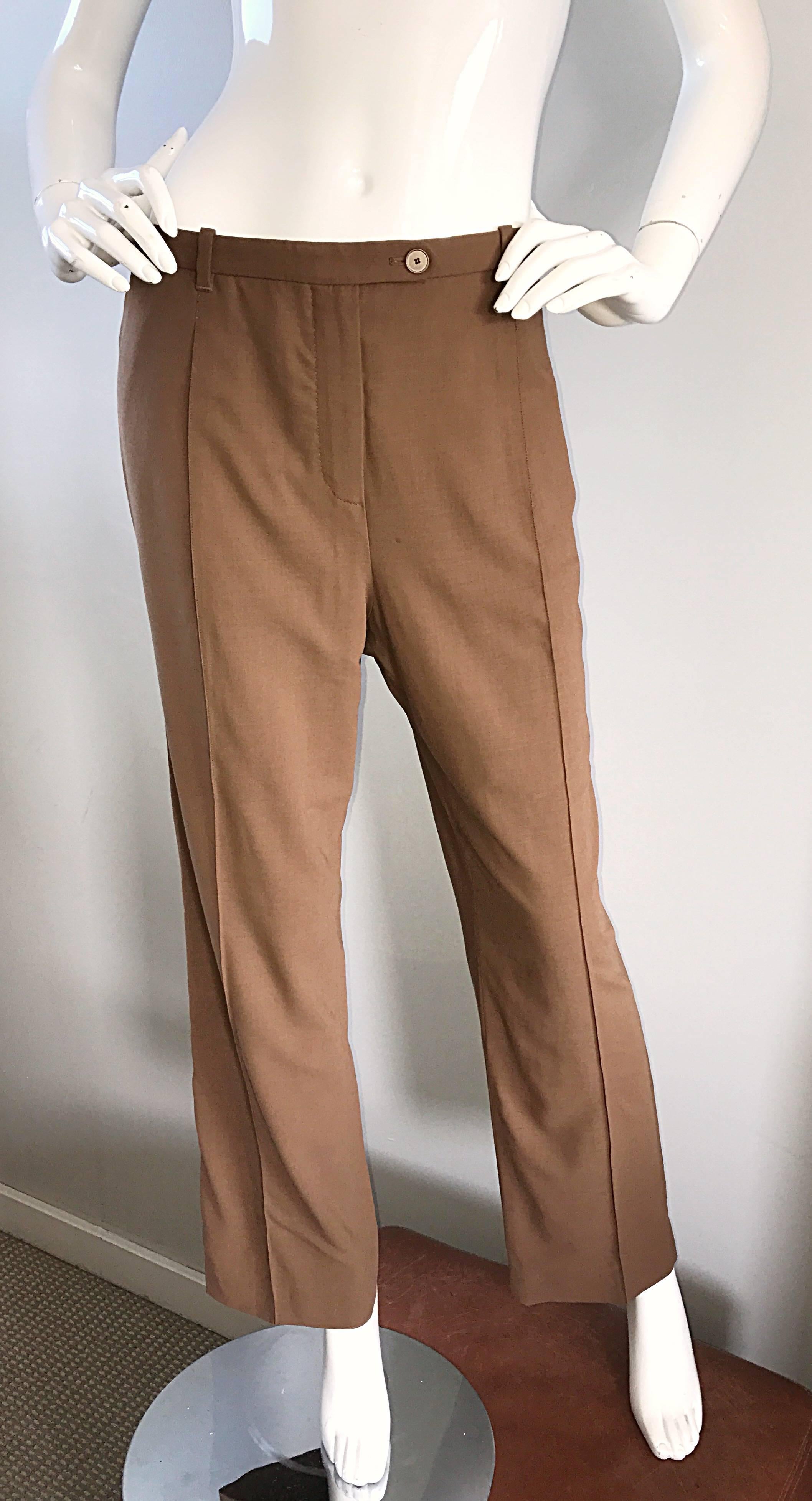 Marron Pantalon de smoking vintage Hermès à jambes larges en laine vierge marron foncé, Taille 42, années 1990 en vente