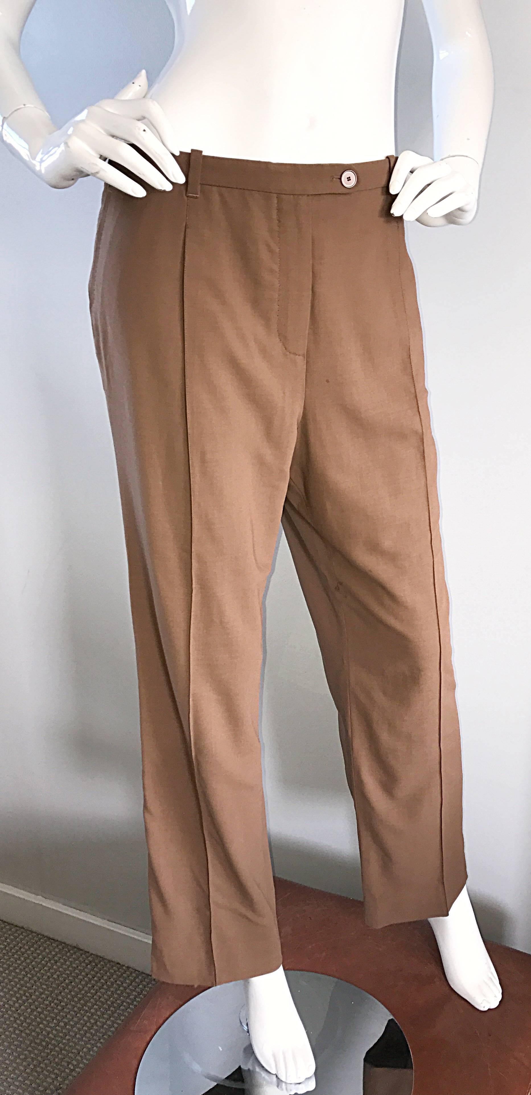 Vintage Hermes 1990s Tan Brown Wide Leg Smoking Trousers Virgin Wool Pants Sz 42 In Excellent Condition For Sale In San Diego, CA