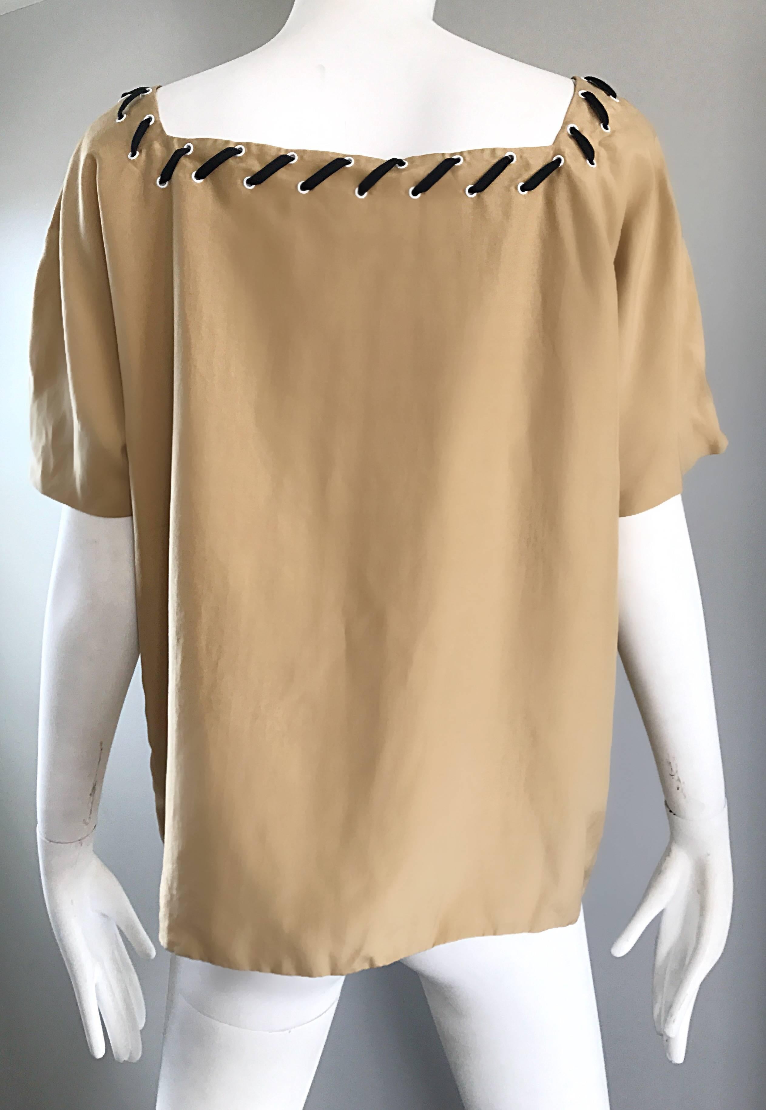 Chemisier tunique bohème vintage en soie brun clair Fendi by Karl Lagerfeld, Taille 42, années 1990 en vente 1