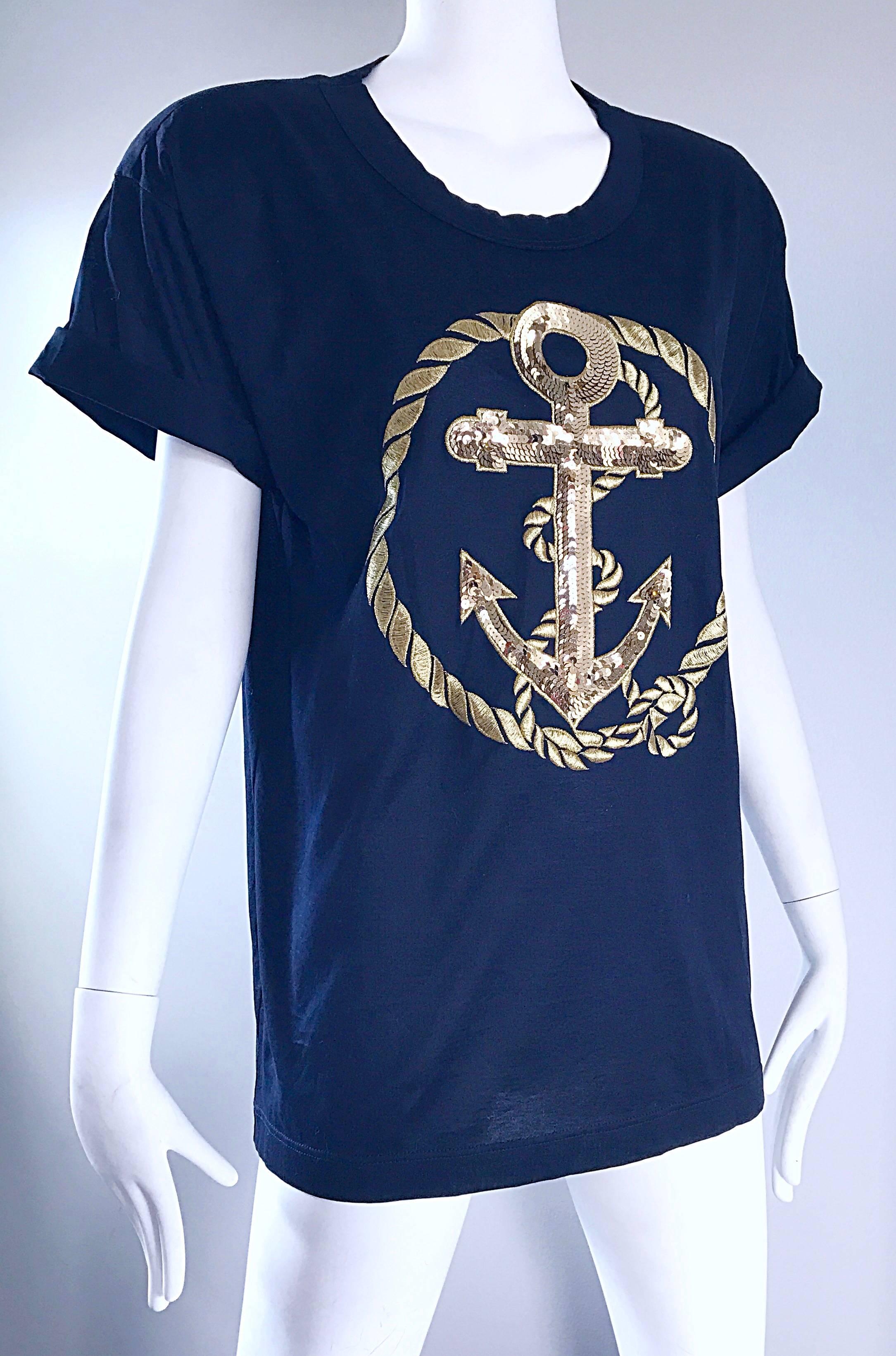 Escada par Margaretha Ley - T-shirt à sequins bleu marine et or, style nautique, vintage  Pour femmes en vente