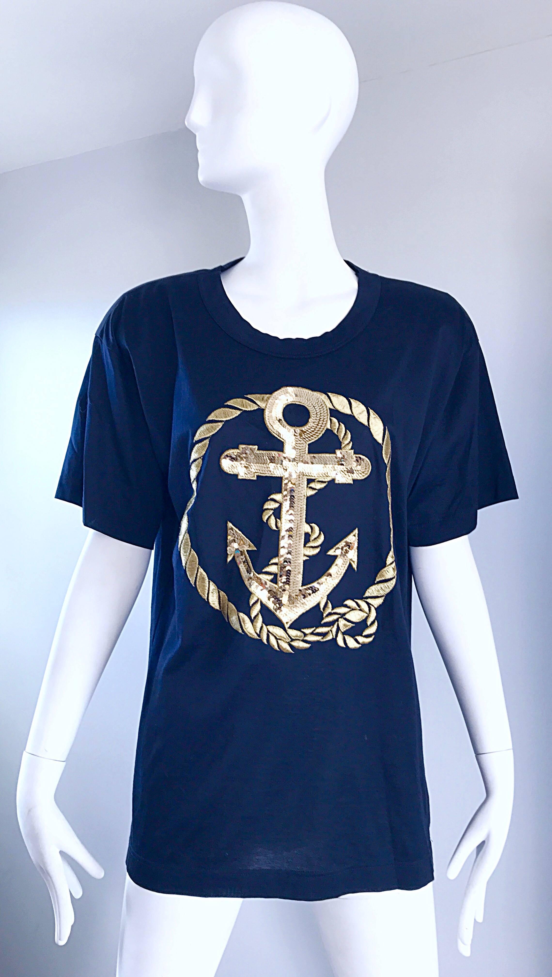 Purple Vintage Escada by Margaretha Ley Navy and Gold Nautical Sequin Tee Shirt Top  For Sale