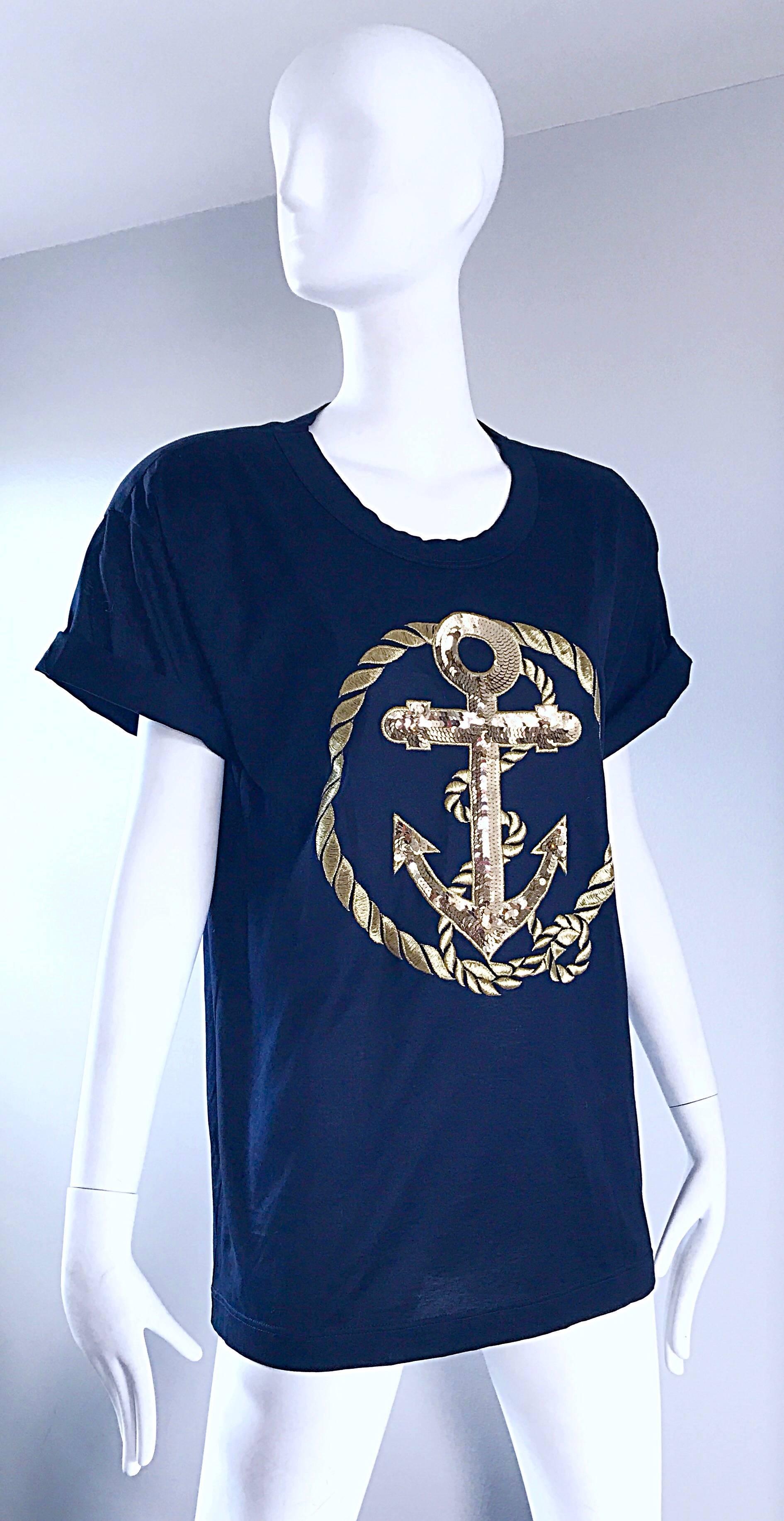Vintage Escada by Margaretha Ley Navy and Gold Nautical Sequin Tee Shirt Top  In New Condition For Sale In San Diego, CA