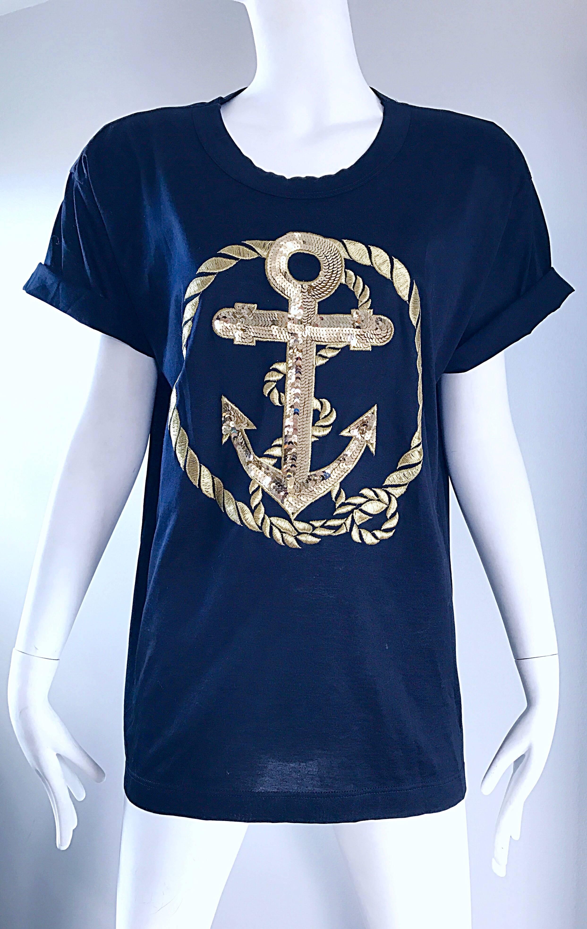 Women's Vintage Escada by Margaretha Ley Navy and Gold Nautical Sequin Tee Shirt Top  For Sale
