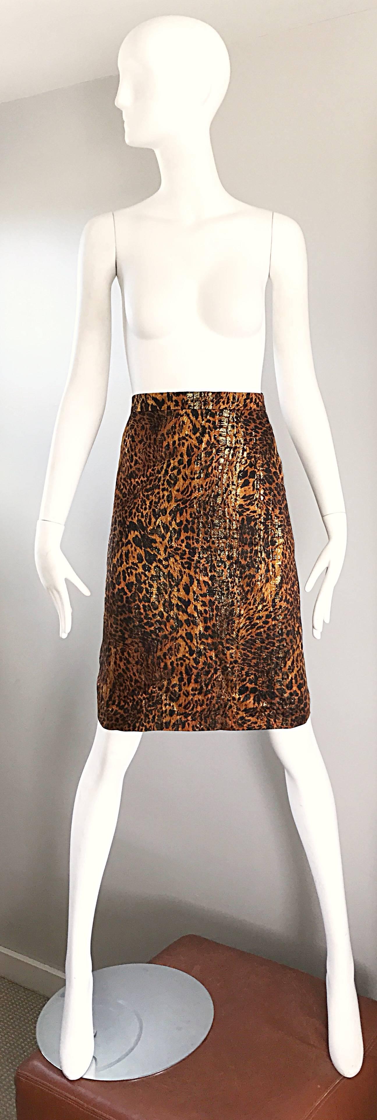 Classic with an edge 1990s / 90 ESCADA, by MARGARETHA LEY metallic leopard / cheetah print + gold metallic silk pencil skirt! Slimming high waisted fit, with heavy attention to detail. Hidden zipper up the back with hook-and-eye closure. Can easily