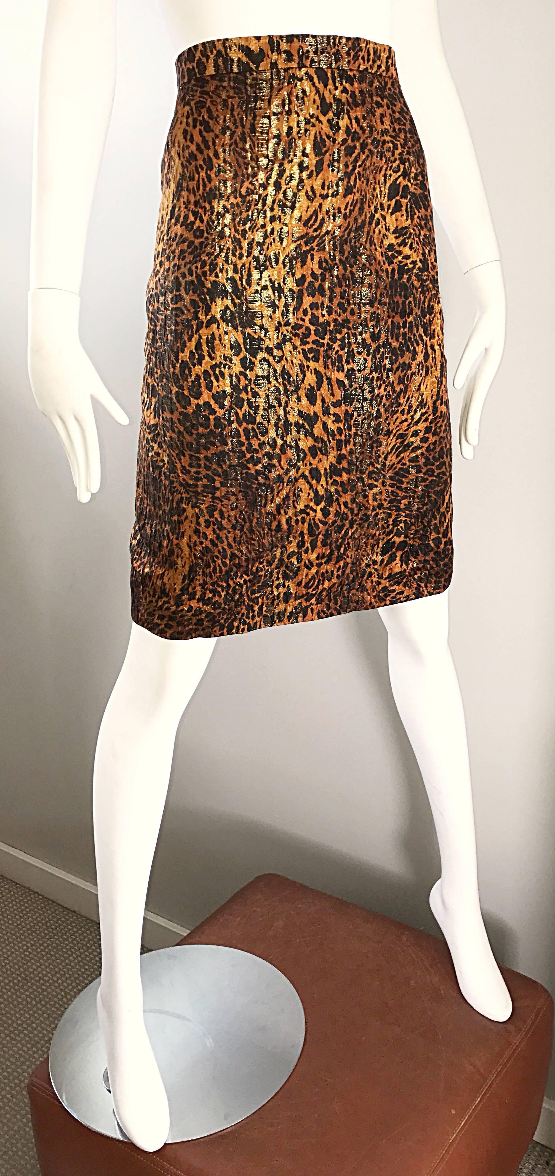Brown Vintage Escada Margaretha Ley Silk Leopard Print + Gold High Waist Pencil Skirt For Sale
