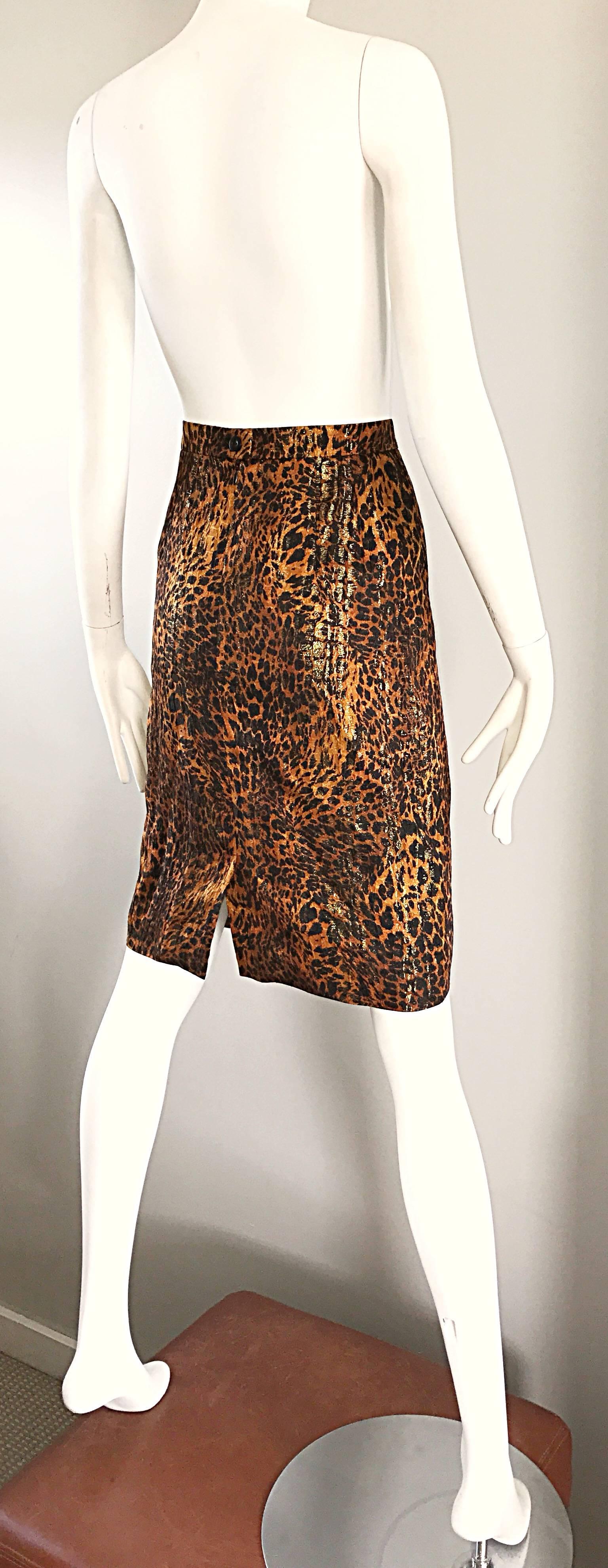 Vintage Escada Margaretha Ley Silk Leopard Print + Gold High Waist Pencil Skirt In Excellent Condition For Sale In San Diego, CA