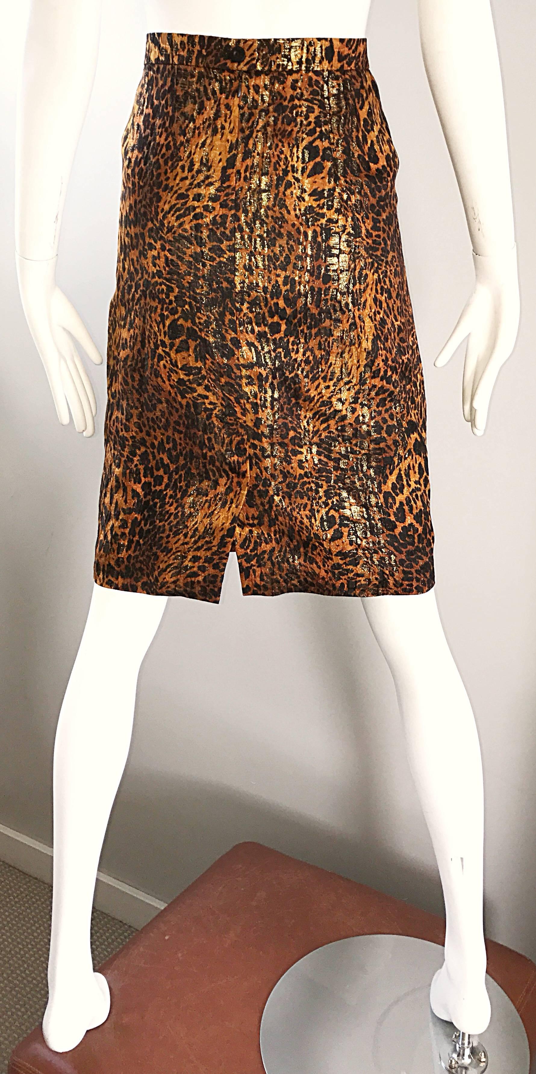 Women's Vintage Escada Margaretha Ley Silk Leopard Print + Gold High Waist Pencil Skirt For Sale