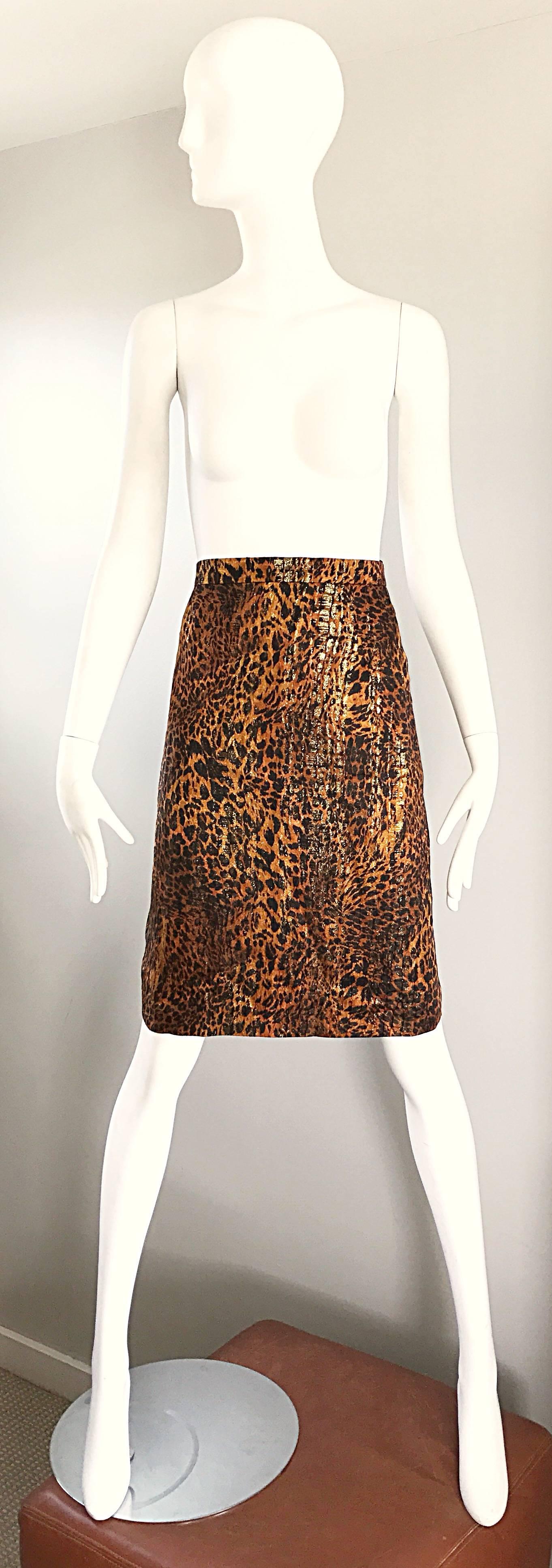 Vintage Escada Margaretha Ley Silk Leopard Print + Gold High Waist Pencil Skirt For Sale 1