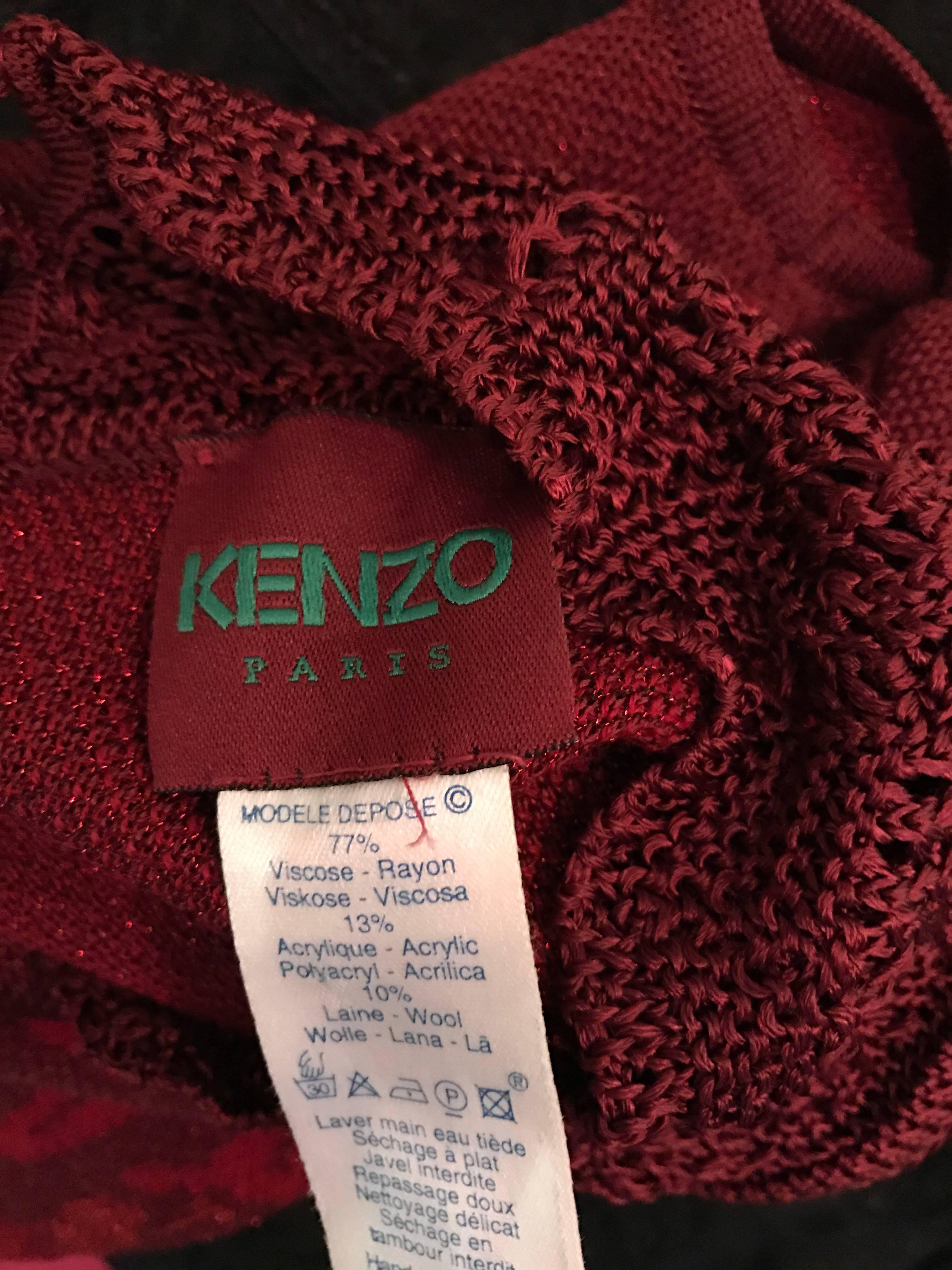 Vintage Kenzo 1990s Asian Inspired Butterfly Flower Crochet Knit Merlot Red Top 2