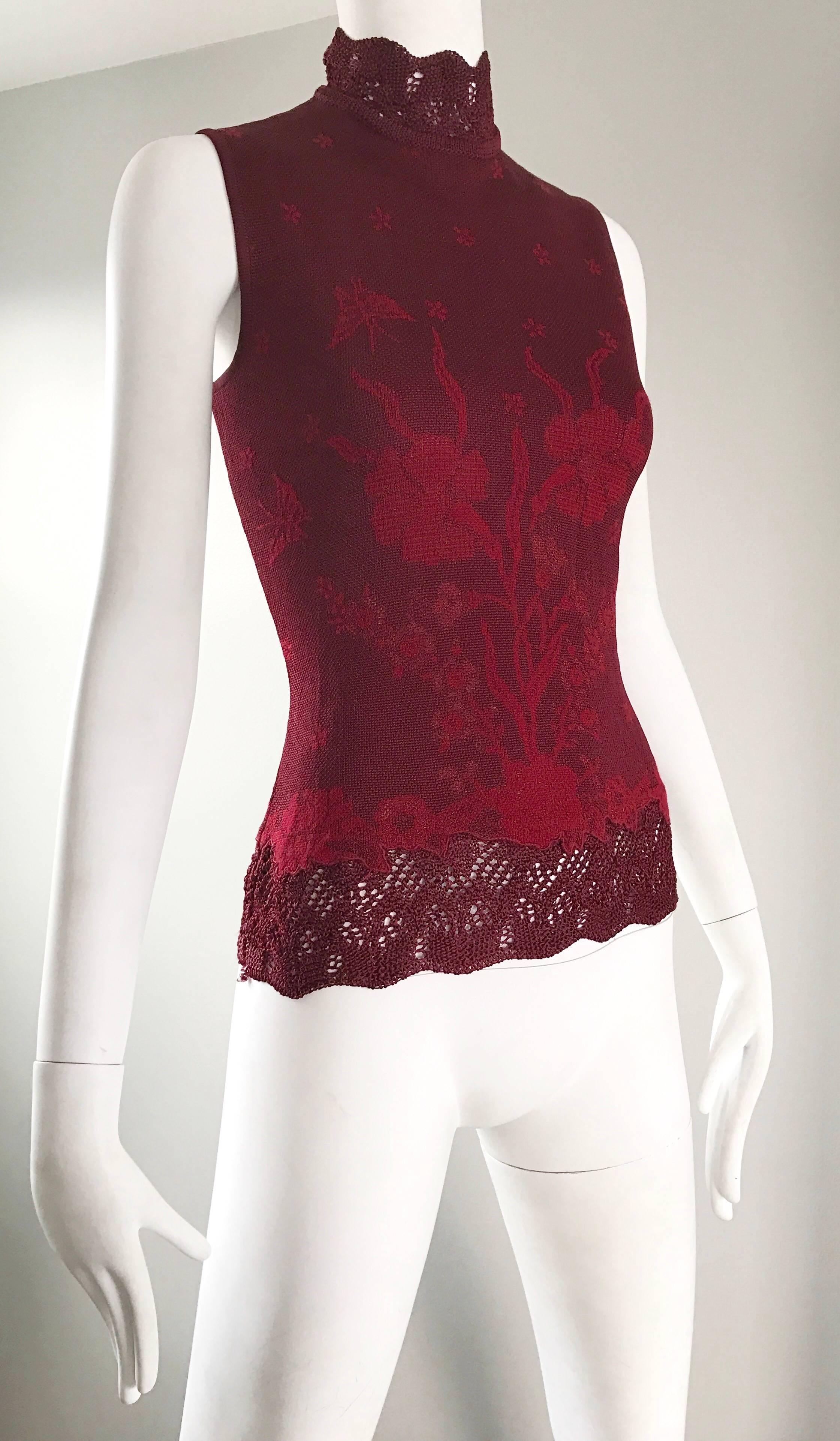 Vintage Kenzo 1990s Asian Inspired Butterfly Flower Crochet Knit Merlot Red Top In Excellent Condition In San Diego, CA